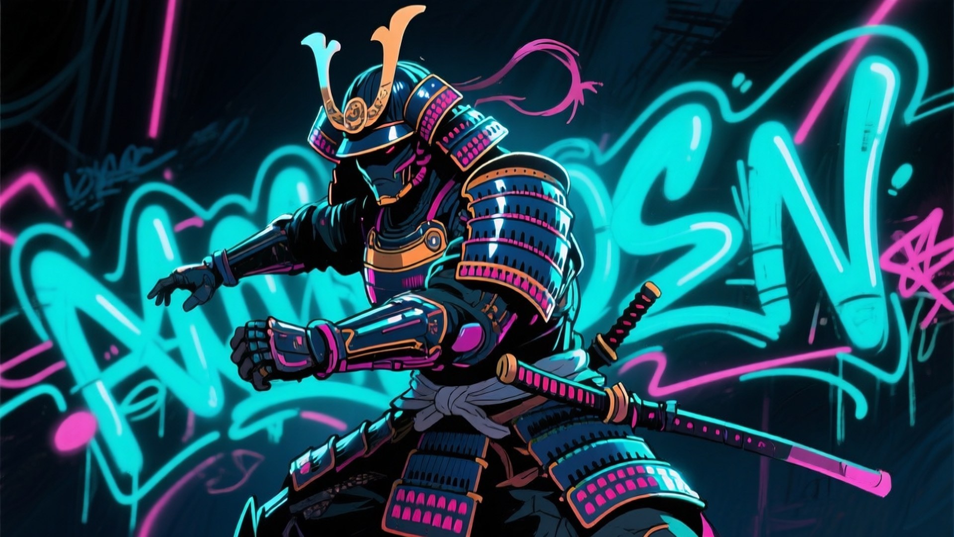 Siisti piirros neon-samurai Taustakuvat