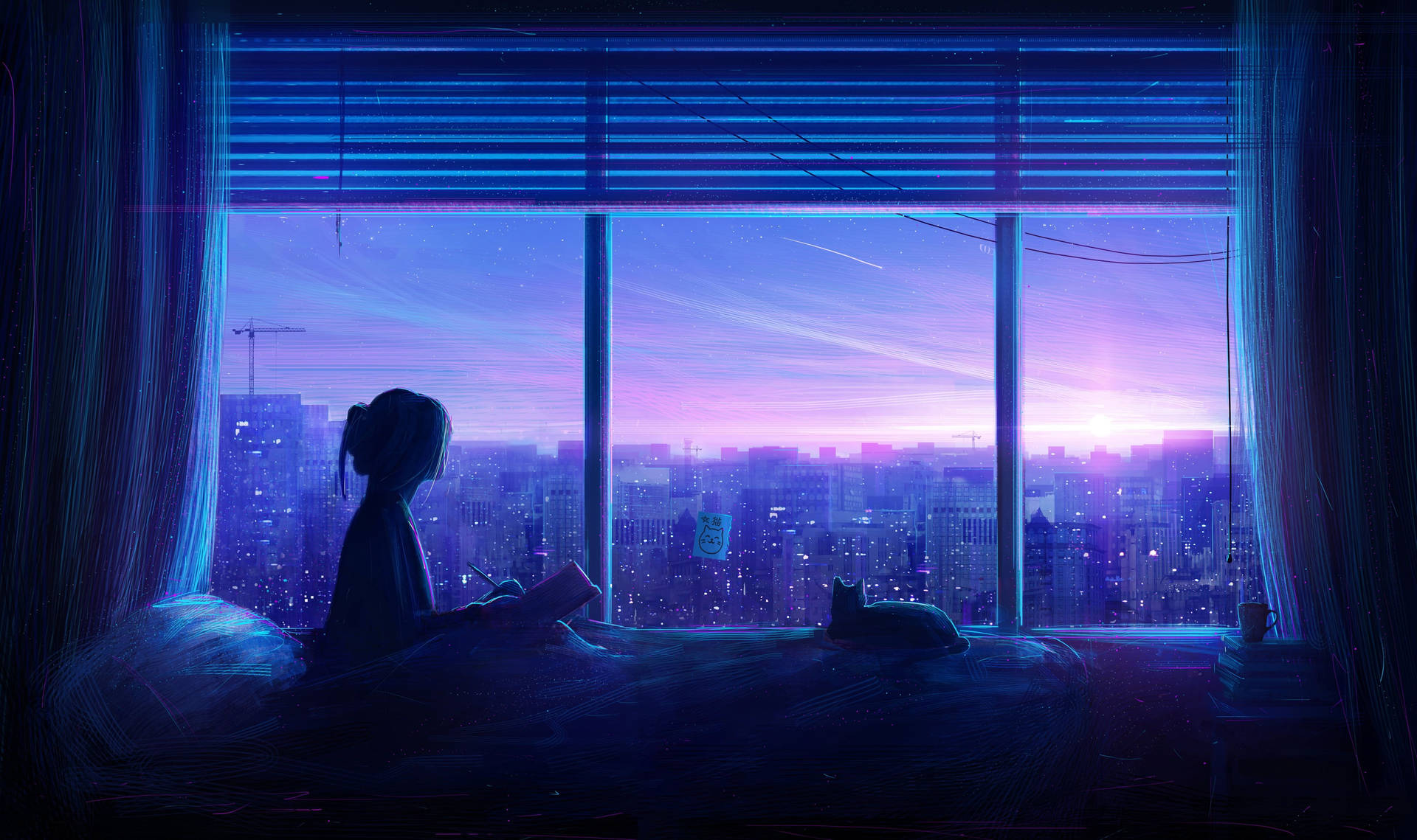Sininen anime siluettityttö ja kissa esteettinen — Sininen esteettinen GIF Taustakuvat