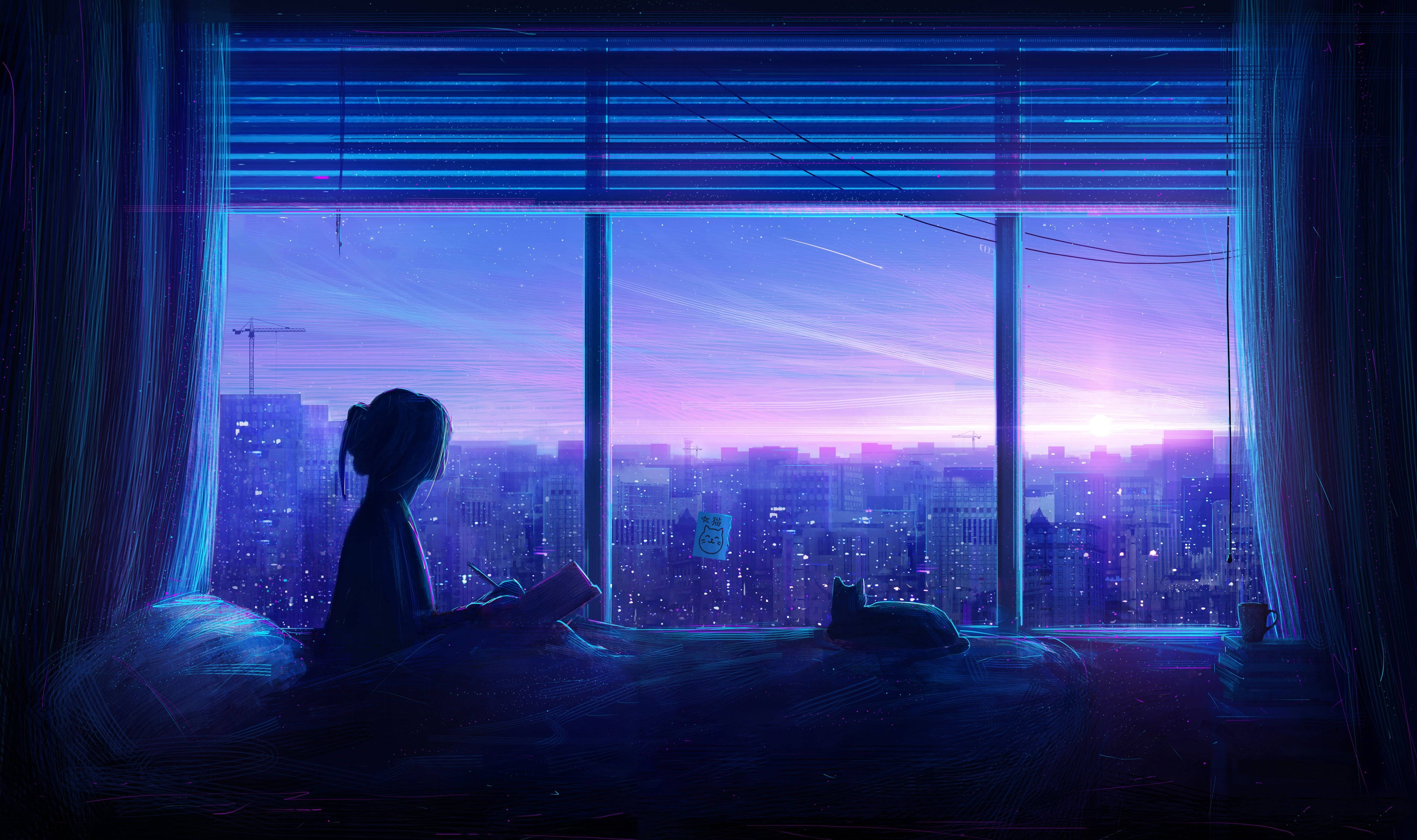 Sininen anime siluettityttö ja kissa esteettinen Taustakuvat