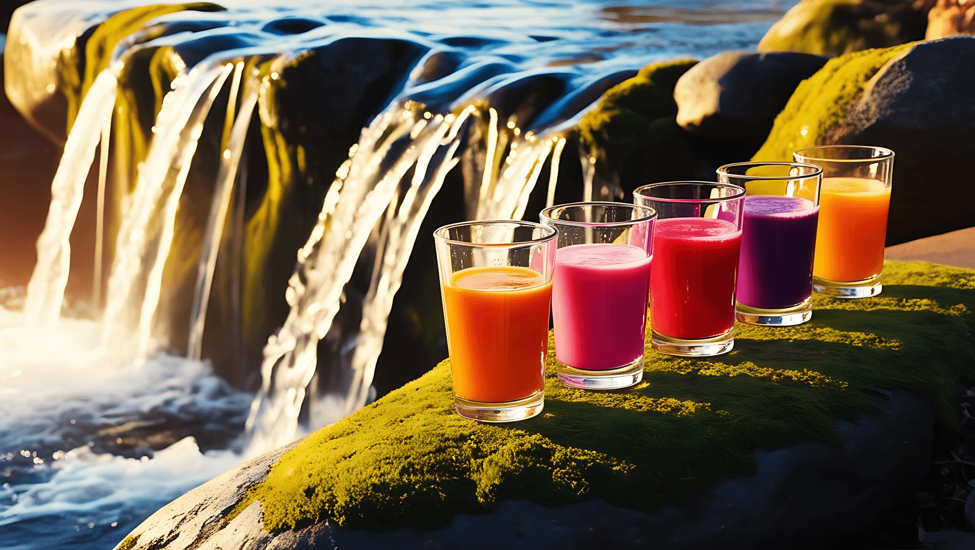 smoothiet,vesiputous,trooppinen,juomat,värikäs,virkistävä,hedelmä,luonto,ulkona,eloisa,kesä,juoma,lasi,puro,viileä