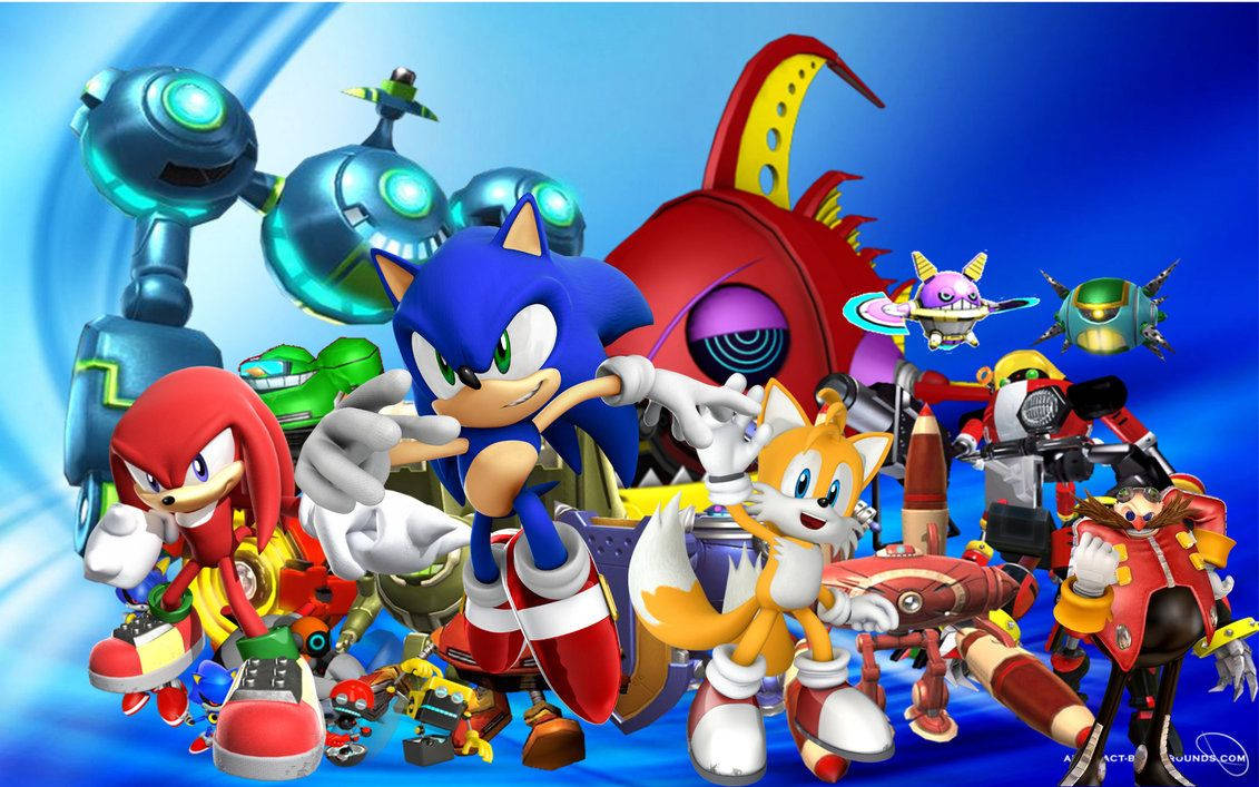Taustakuva Sonicista, Tailsista ja Knucklesista Sonic Boom -TV-sarjassa.
