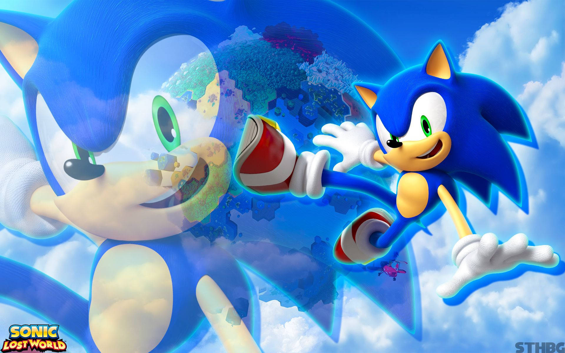 Taustakuva dynaamisesta sinisestä siilistä Sonicista Sonic Lost World -pelissä.