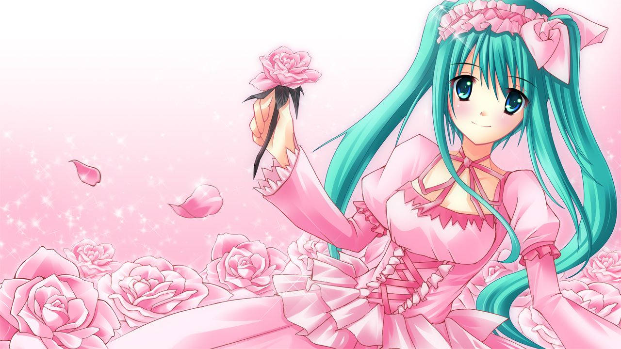 Söpö anime Hatsune Miku vaaleanpunaisessa mekossa ja ruusujen ympäröimänä Taustakuvat