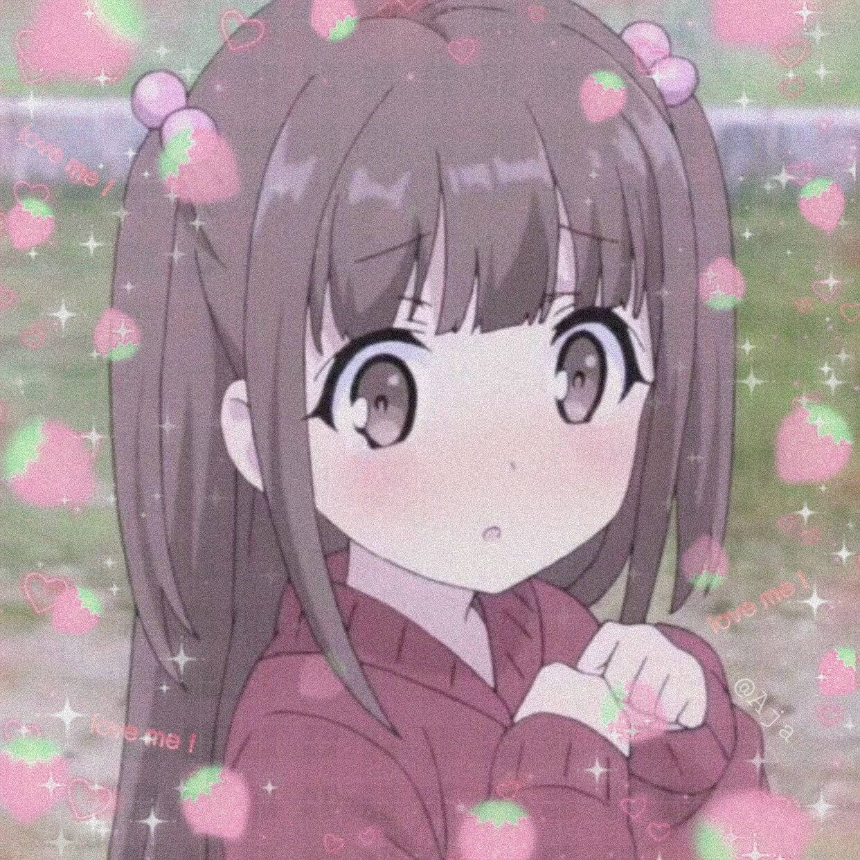 Söpö anime-tyttö PFP Onnanoko mansikoilla ja sydämillä Taustakuvat