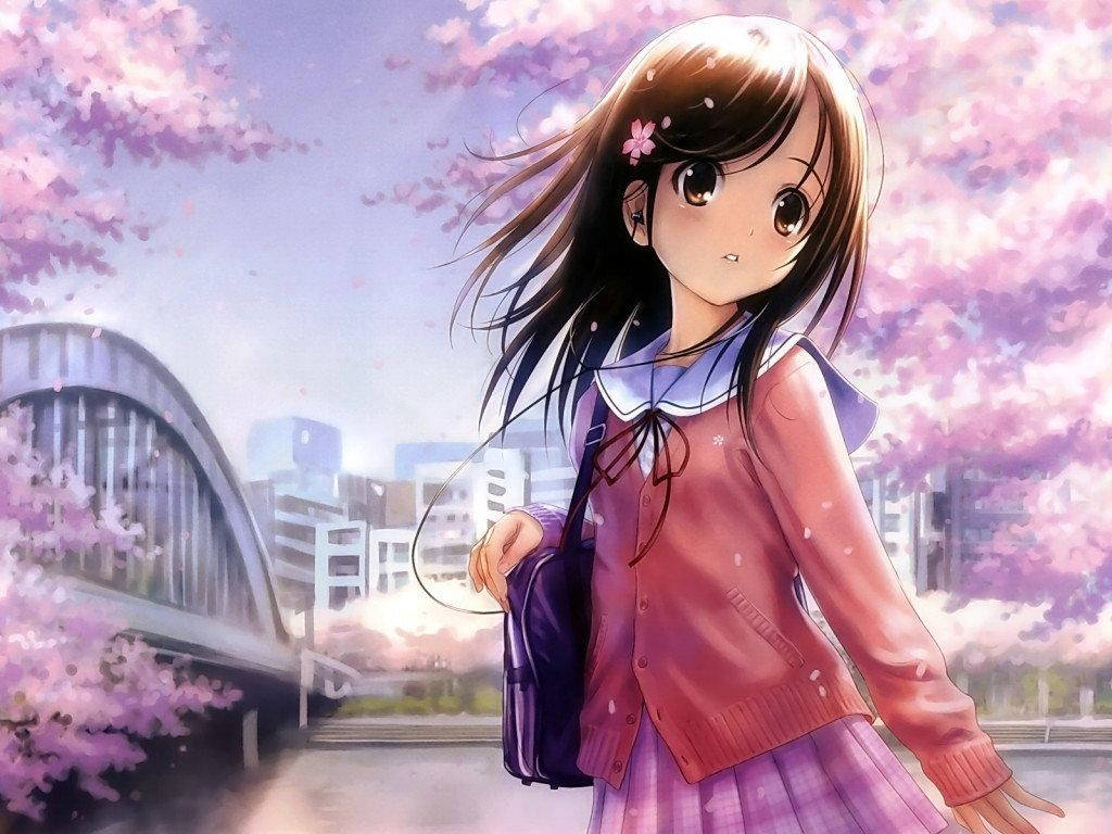 Söpö anime-tyttö kirsikankukkien kanssa Taustakuvat