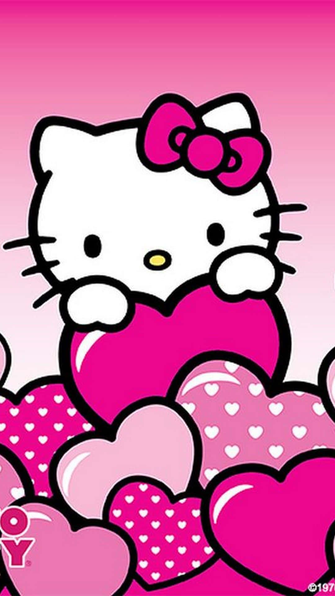 Söpö vaaleanpunainen Hello Kitty syleilemässä sydämiä