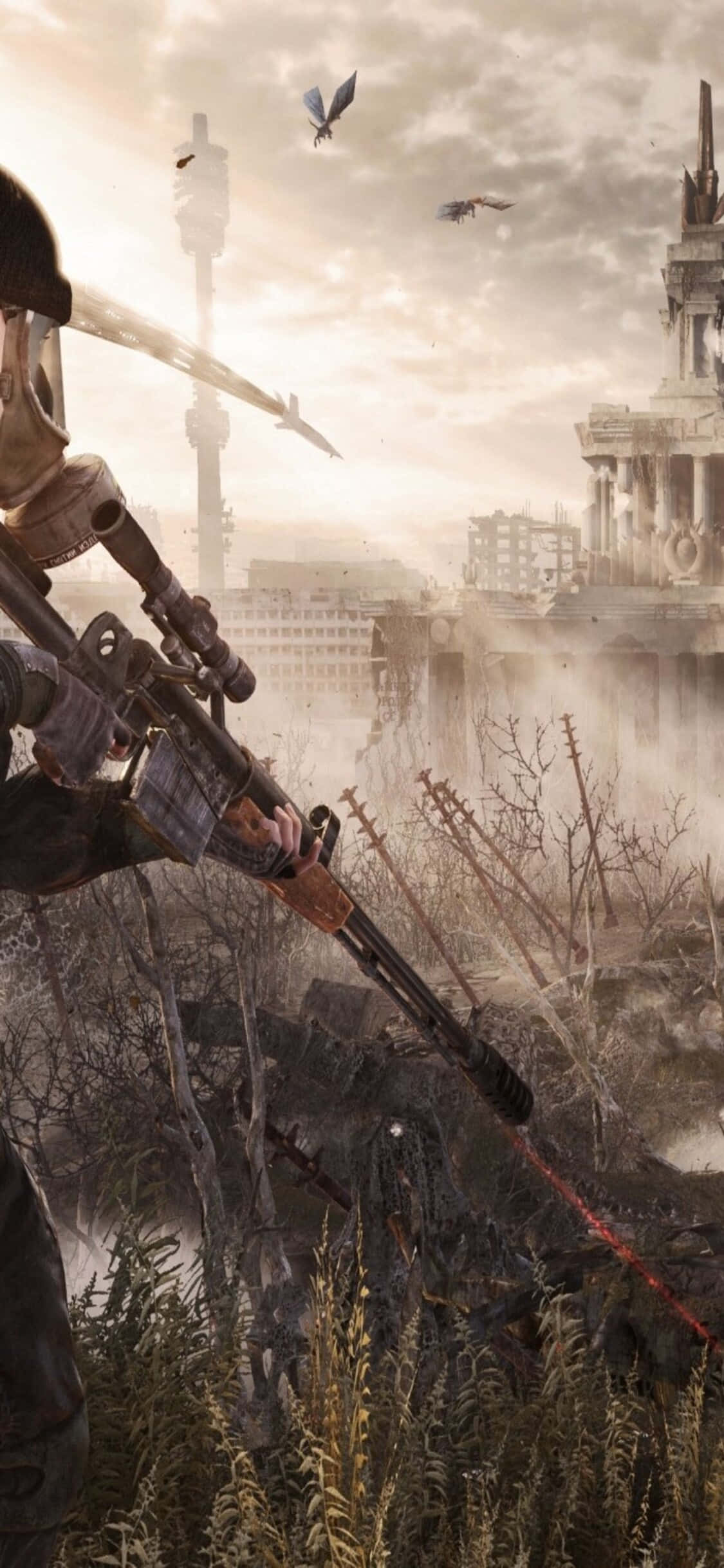 Sotilas kävelemässä kohti kylää iPhone X Metro Last Light -taustakuva Taustakuvat