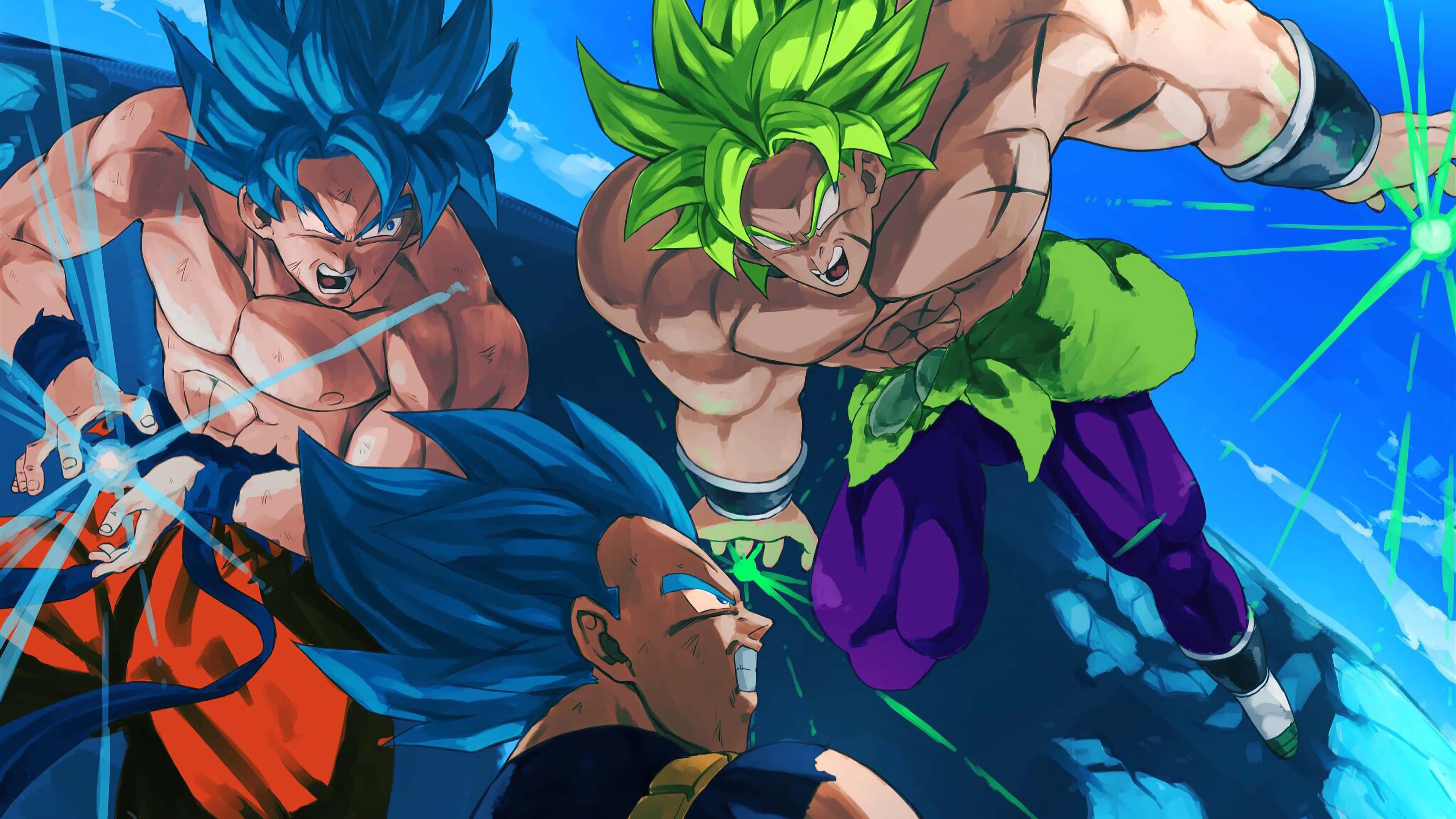 Soturi Super Saiyan Jumala Broly seisoo voittoisana. Taustakuvat