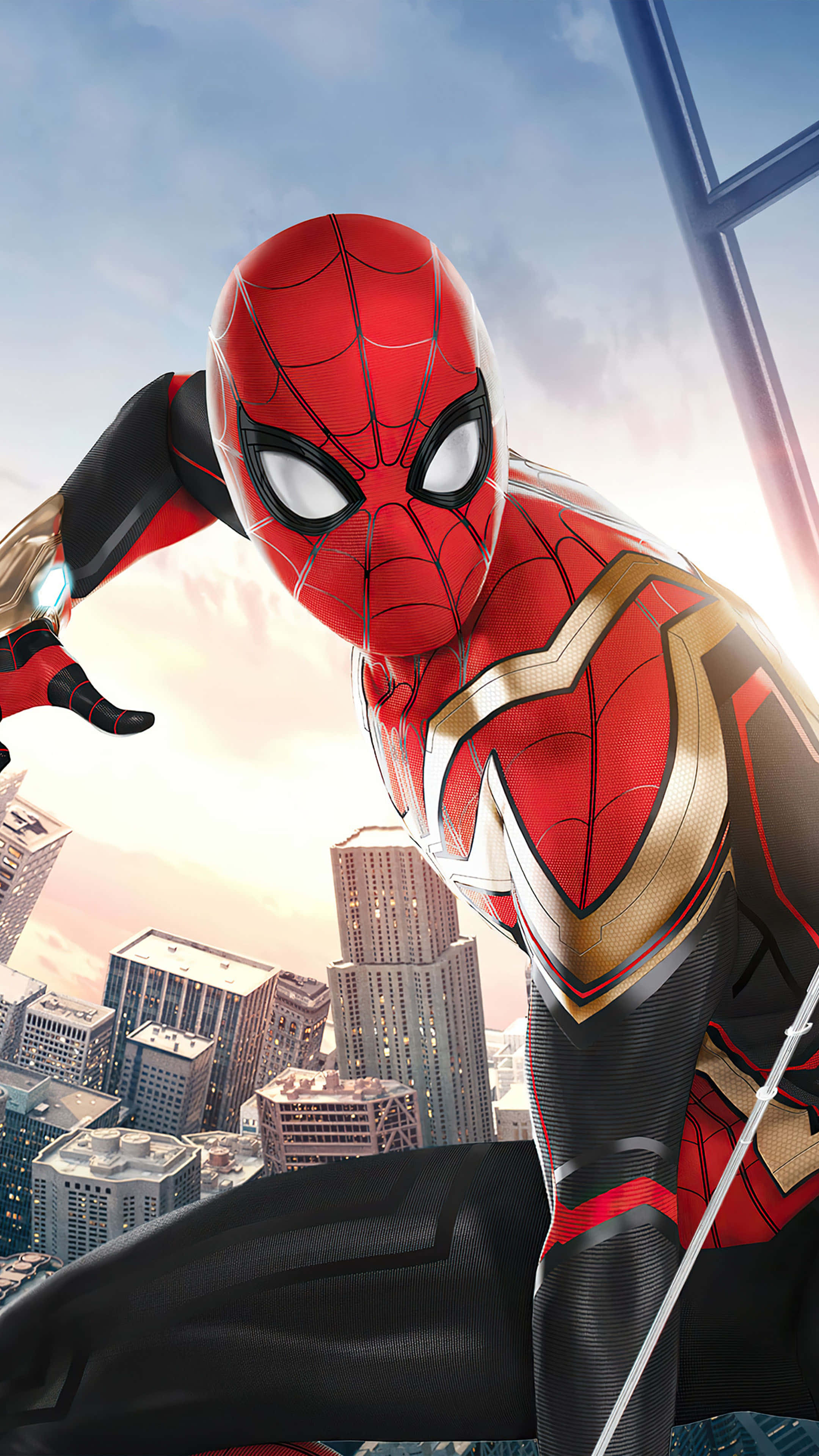 Spiderman sankarillisesti heilahtaa kaupungin horisontin yli Taustakuvat