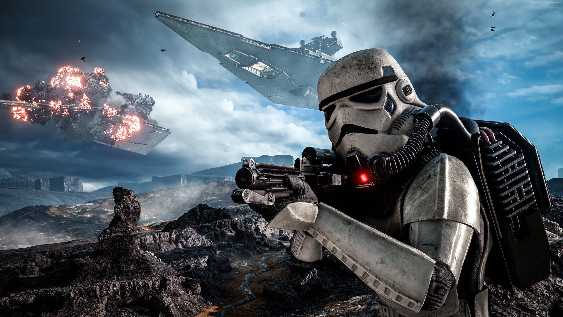Star Wars -taustakuva stormtrooperista taistelussa modernilla kaupunkplaneetalla