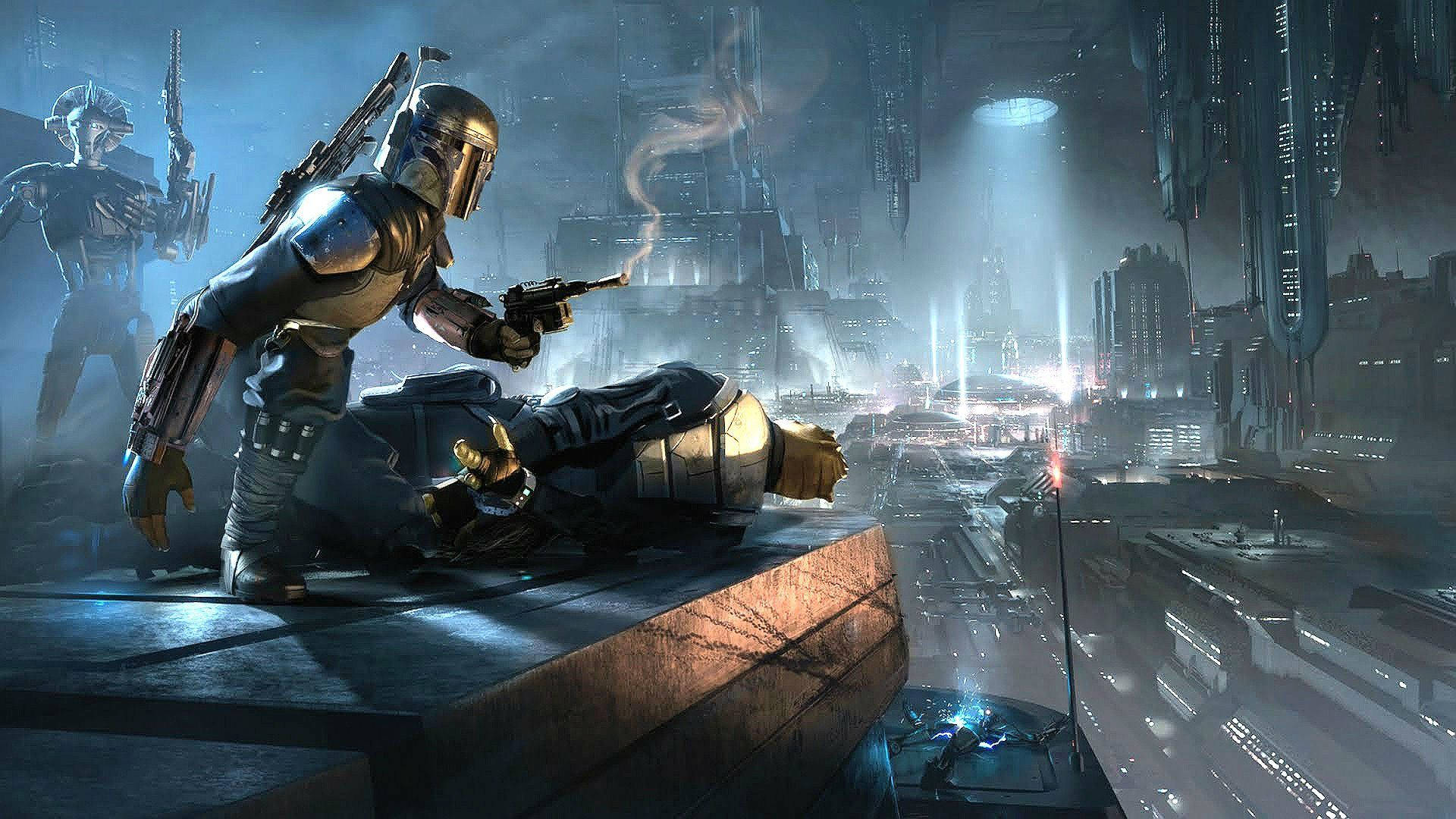 Star Wars -taustakuva Stormtrooperista taistelemassa modernilla futuristisella kaupunkiplaneetalla.