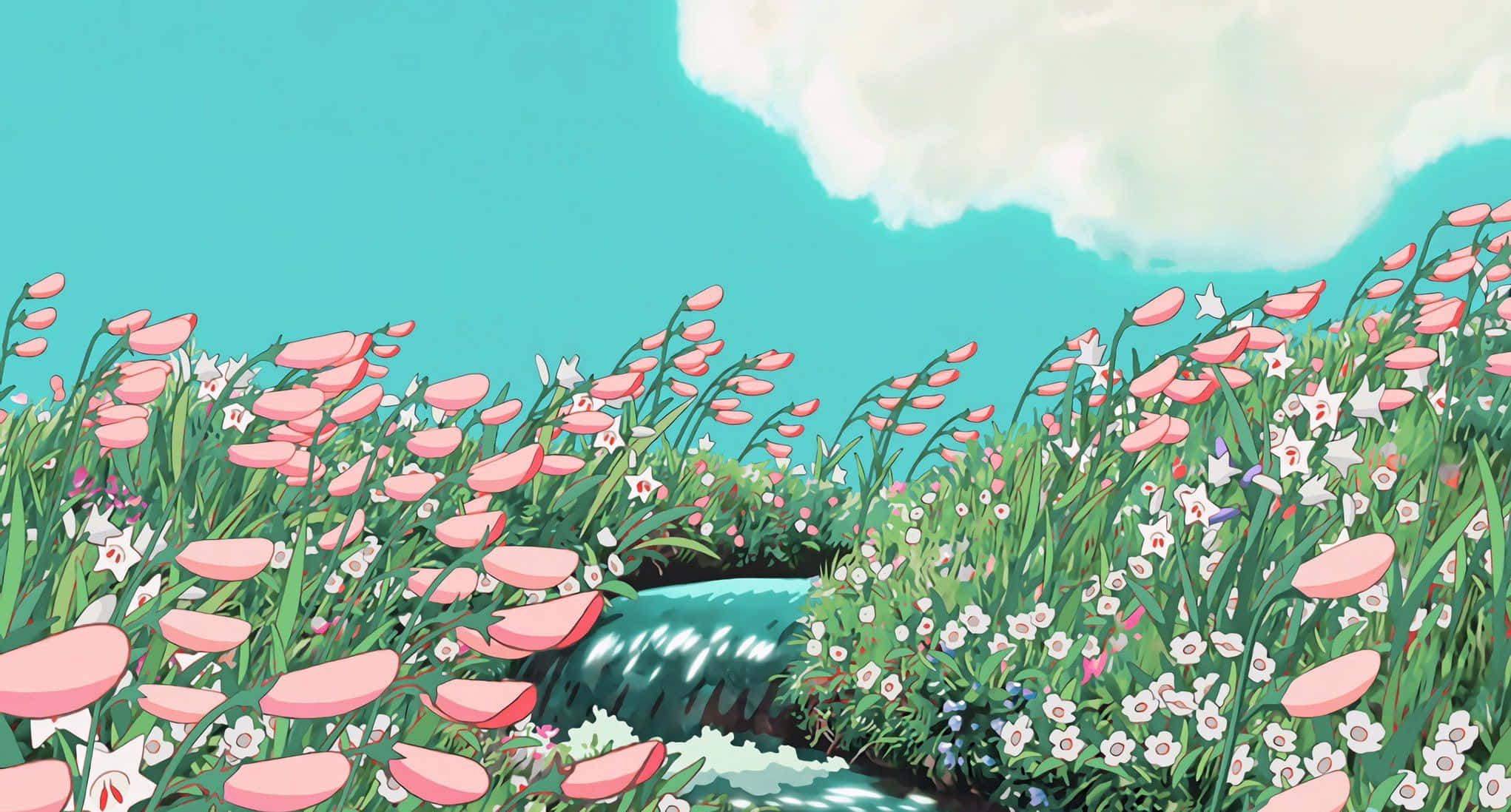 Studio Ghibli esteettinen työpöytä Liikkuva linna -joen maisema Taustakuvat