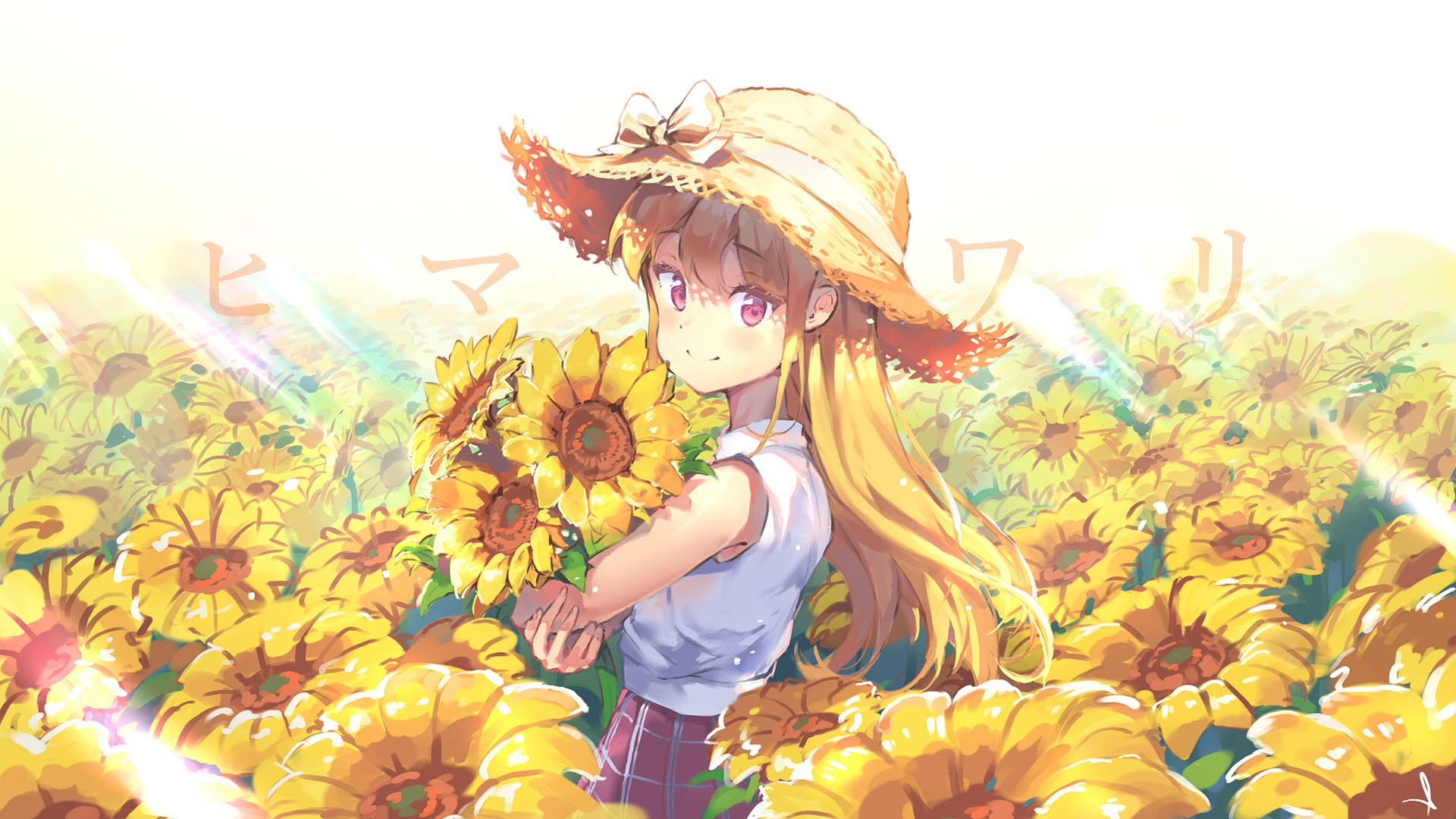 Suloinen anime-tyttö auringonkukkapuutarhassa Taustakuvat