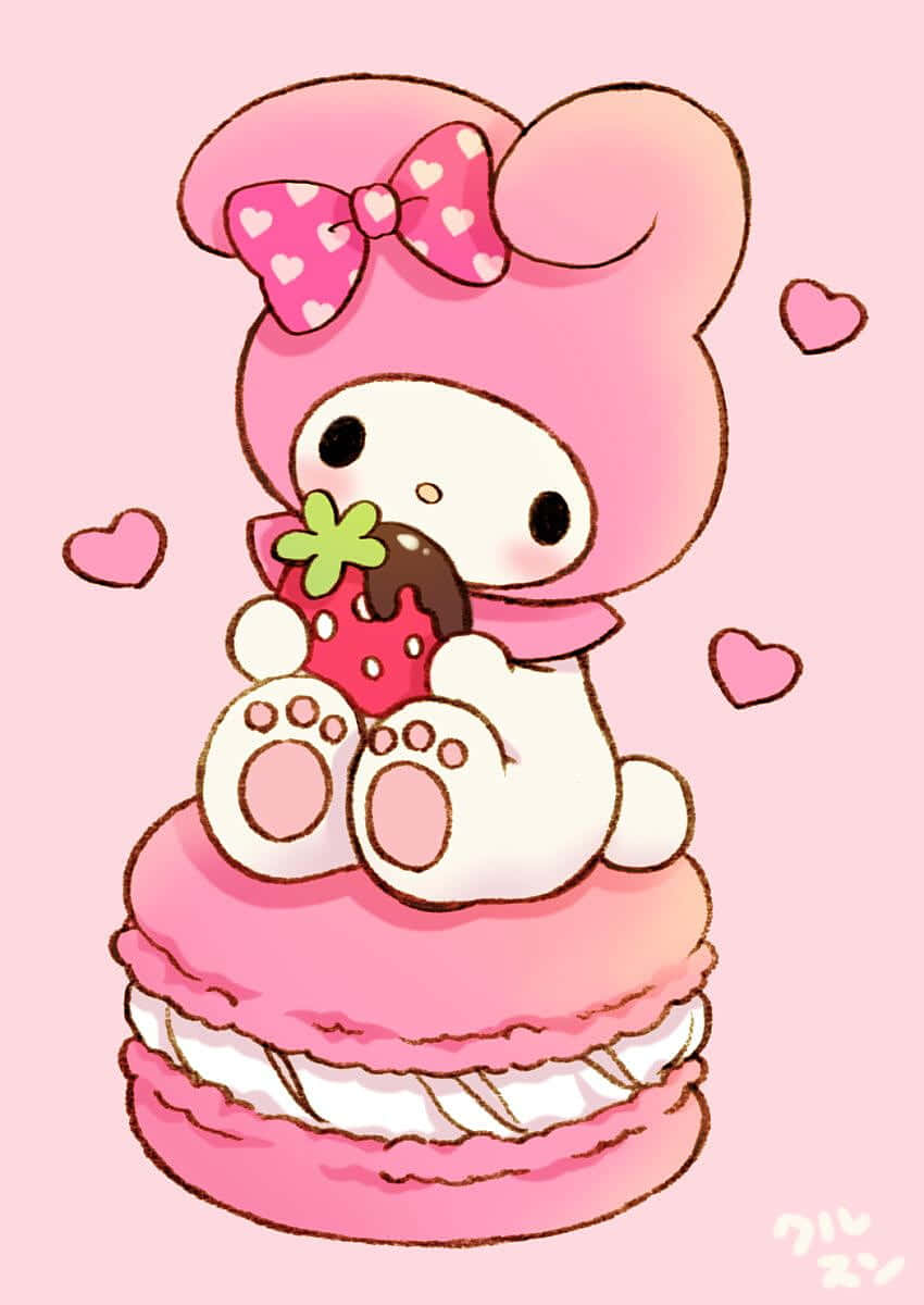 Suloinen My Melody syömässä mansikkaa macaronin päällä Taustakuvat