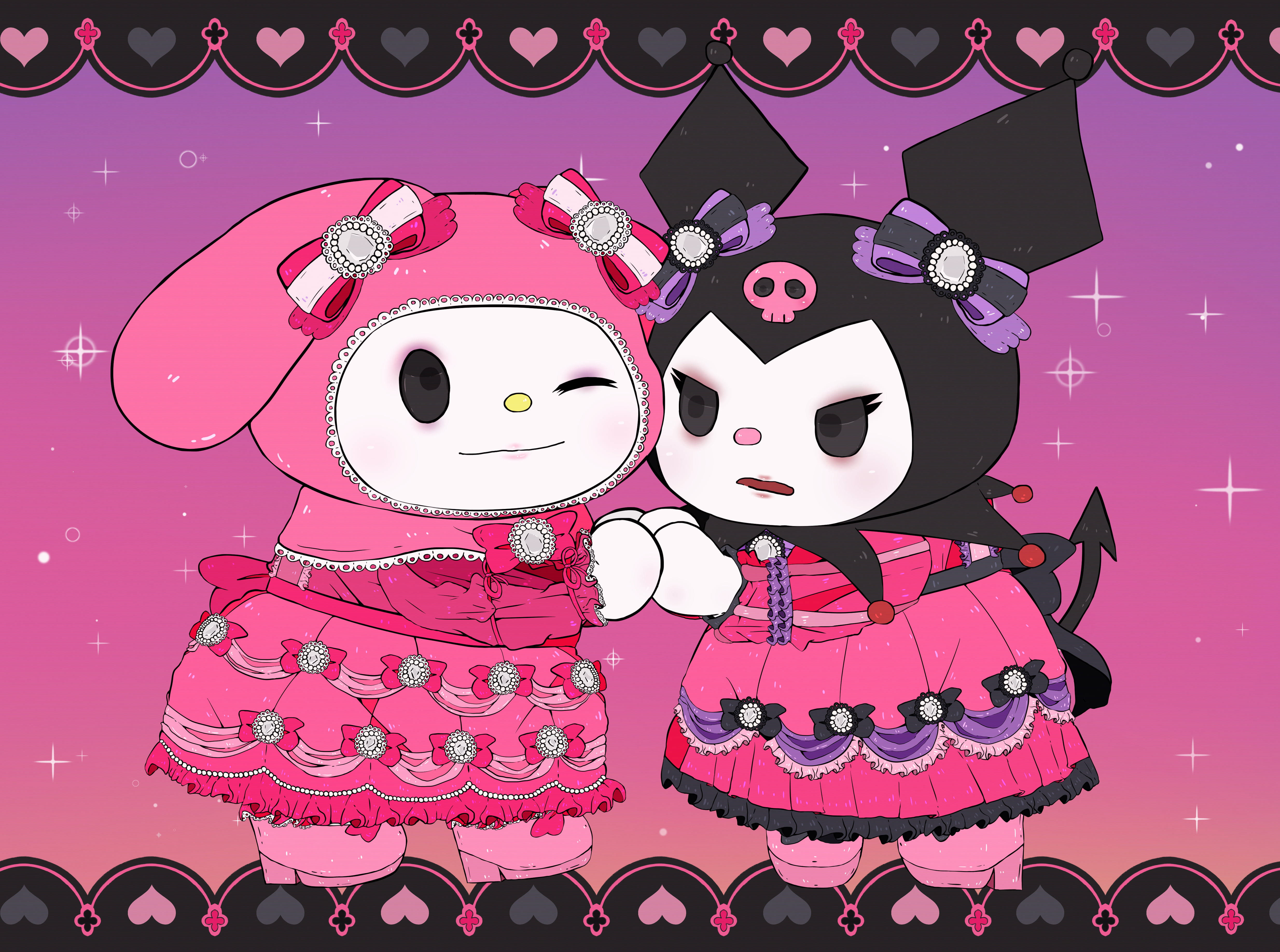 Suloiset My Melody ja Kuromi vaaleanpunaisissa mekoissa Taustakuvat