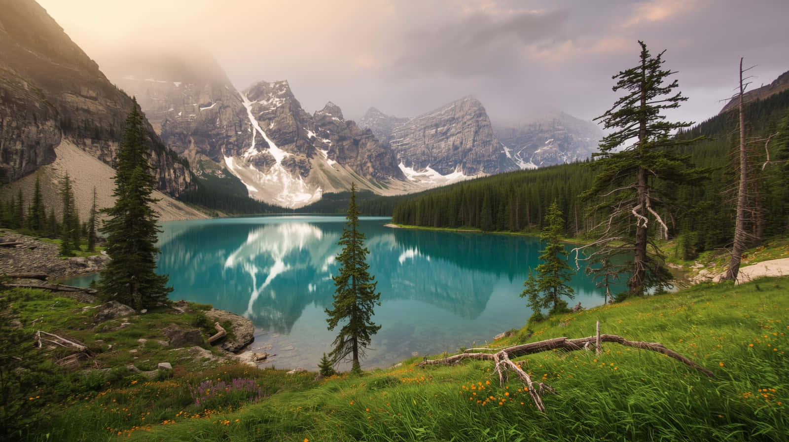 Sumu Moraine-järven ja turkoosin vuoren heijastuksen yllä - taustakuva Taustakuvat