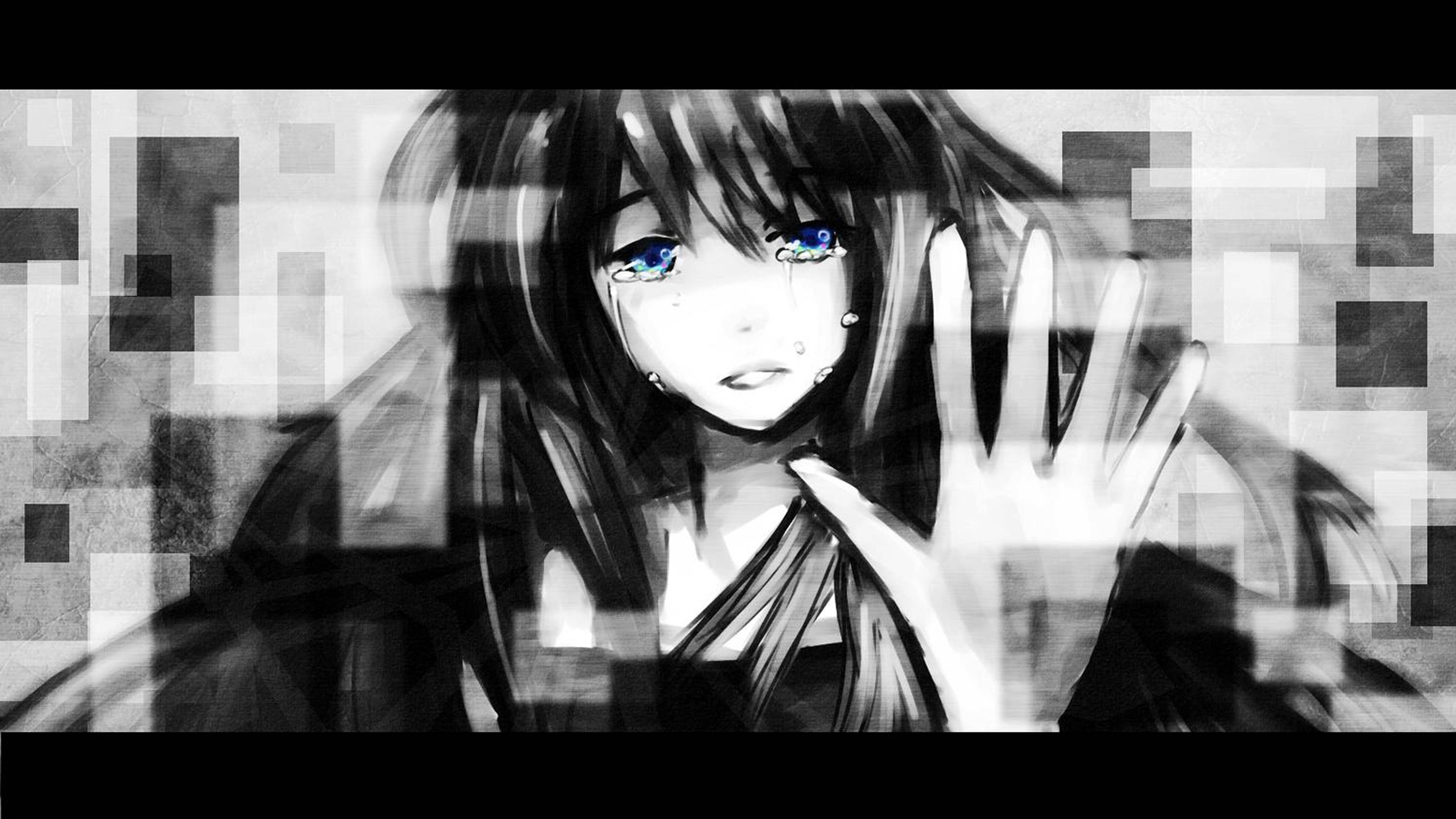 Surullinen anime-tyttö itkee ja nostaa kättä 4K Taustakuvat