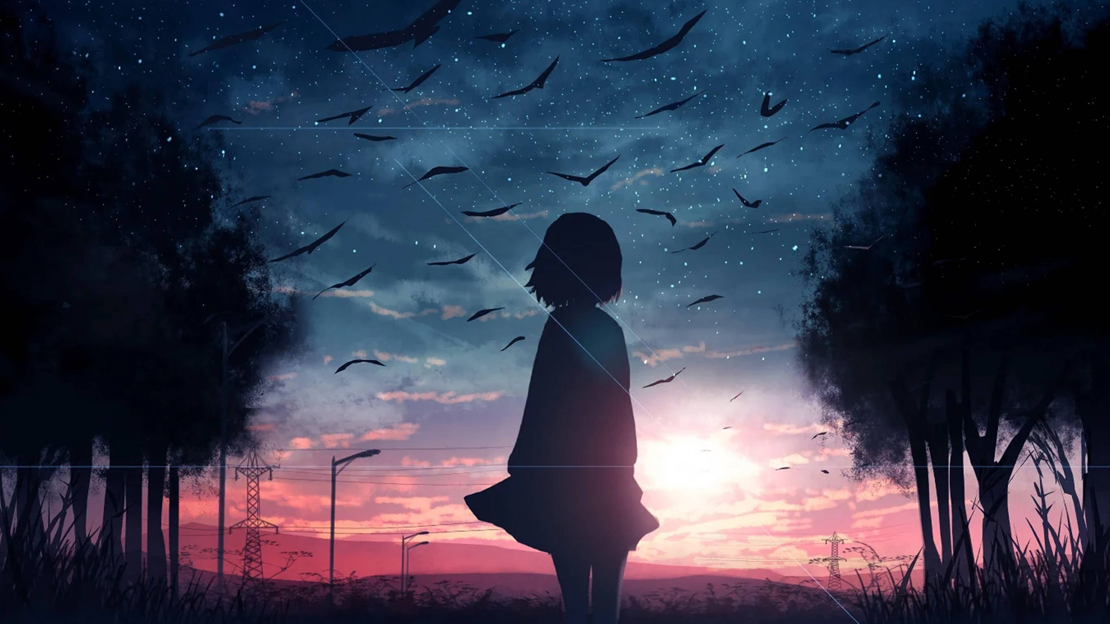 Surullinen anime-tyttö katsoo taivaalle 4K Taustakuvat