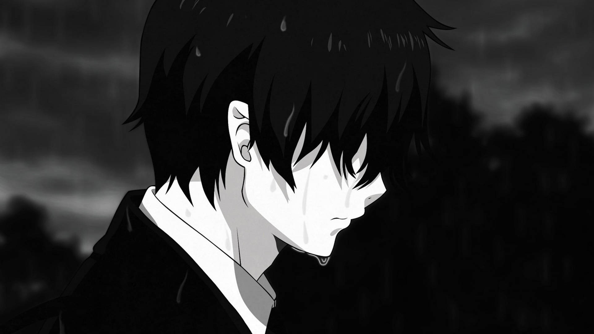 Surullinen anime 4K mies itkemässä sateessa — Surullinen anime GIF Taustakuvat