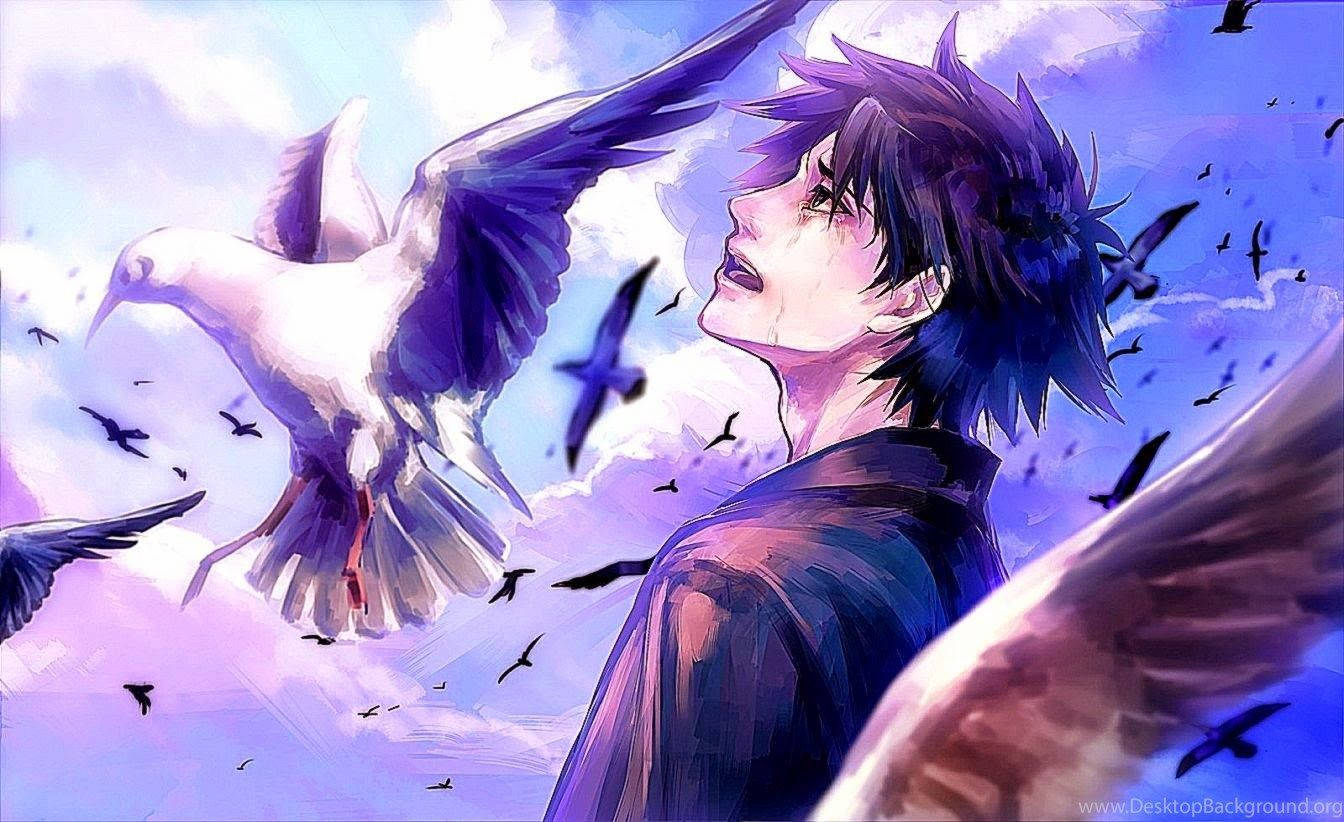 Surullinen animepoika katselee lintujen yksinäistä lentoa Taustakuvat