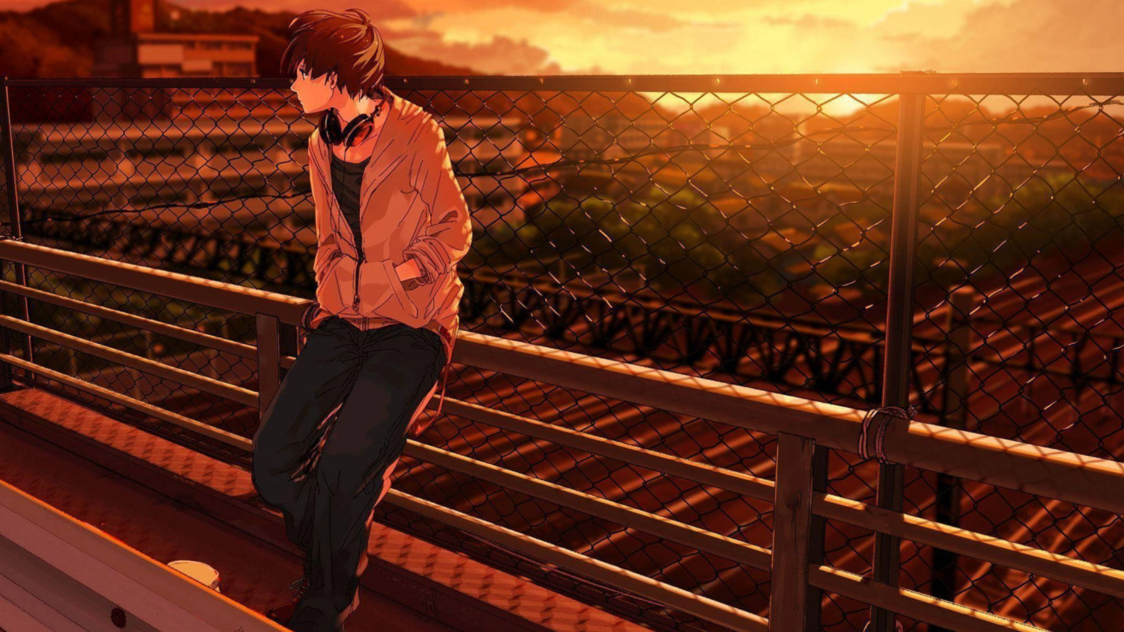 Surullinen animepoika kuulokkeilla 4K Taustakuvat
