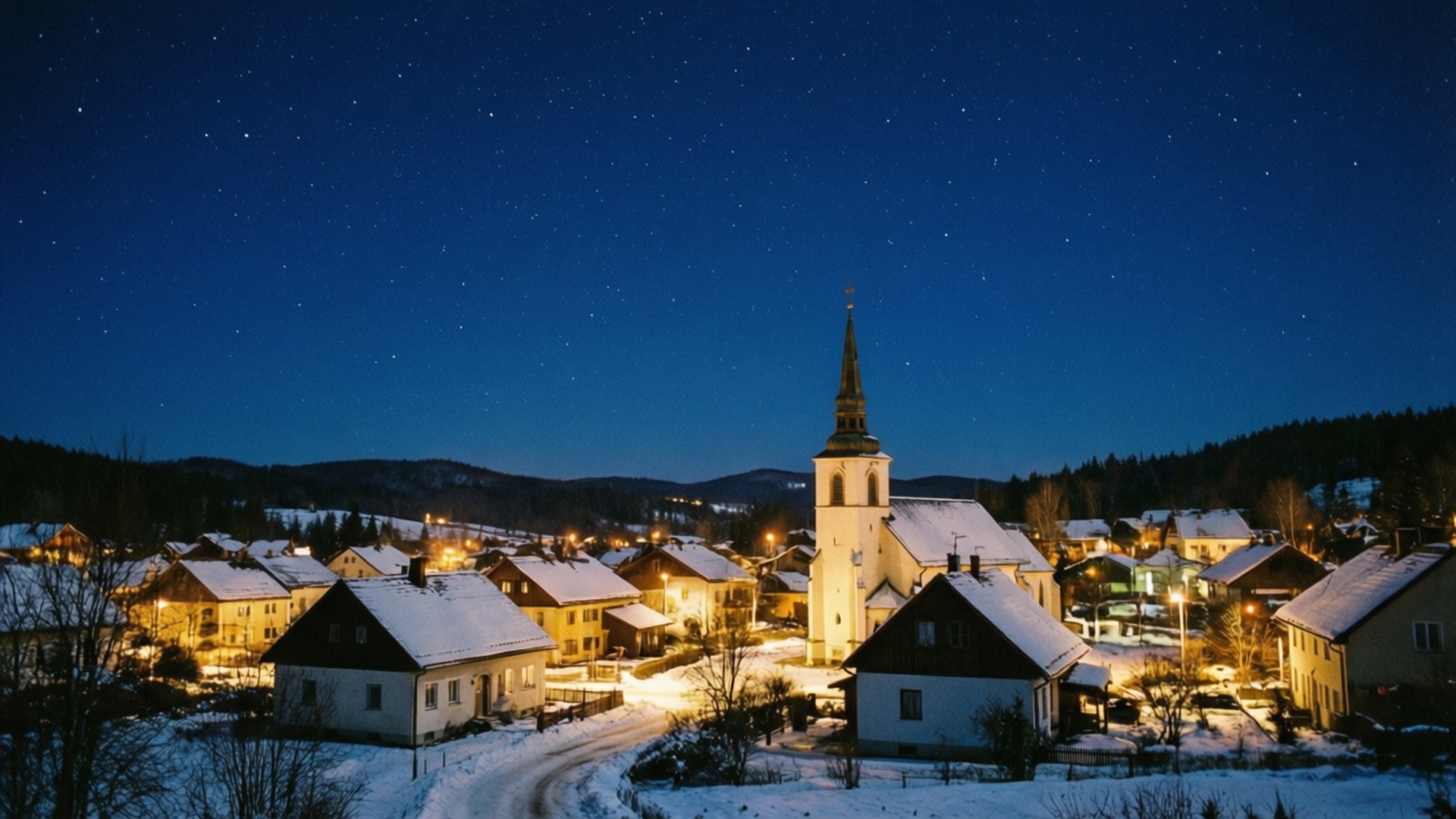 Tähtikirkas yö lumisessa kaupungissa Taustakuvat