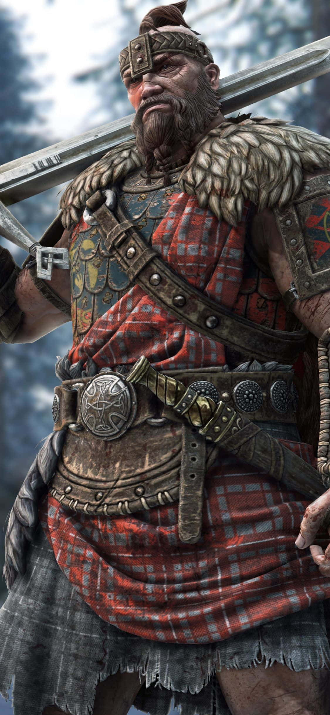 Taistele kuin ylämaalainen intensiivisessä verkkotaistelupelissä For Honor. Taustakuvat