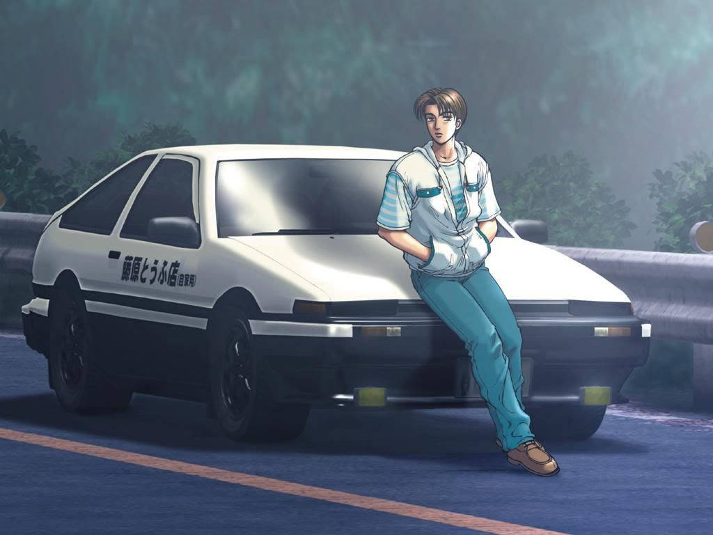 Takumi Fujiwara lojuu kilpa-autonsa päällä animoidussa loistossa. Taustakuvat