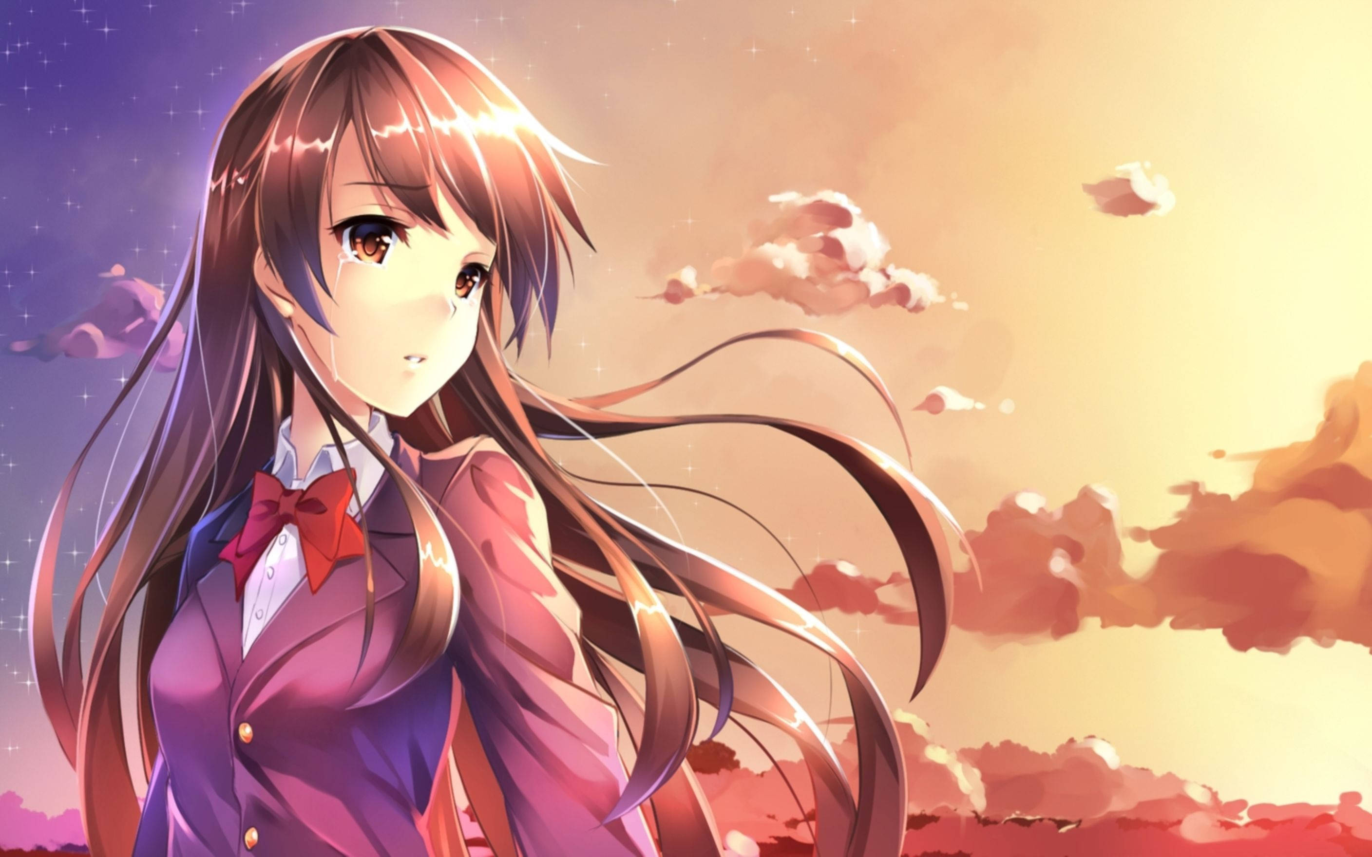 Tämä anime-tyttö itkee kauniin auringonlaskun aikana, hänen surunsa lievittyy illan rauhasta. Taustakuvat