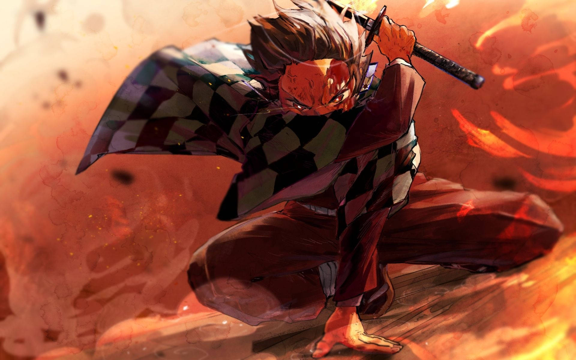 Demon Slayer -taustakuva Kamado Tanjirosta savun ja tulen ympäröimänä.