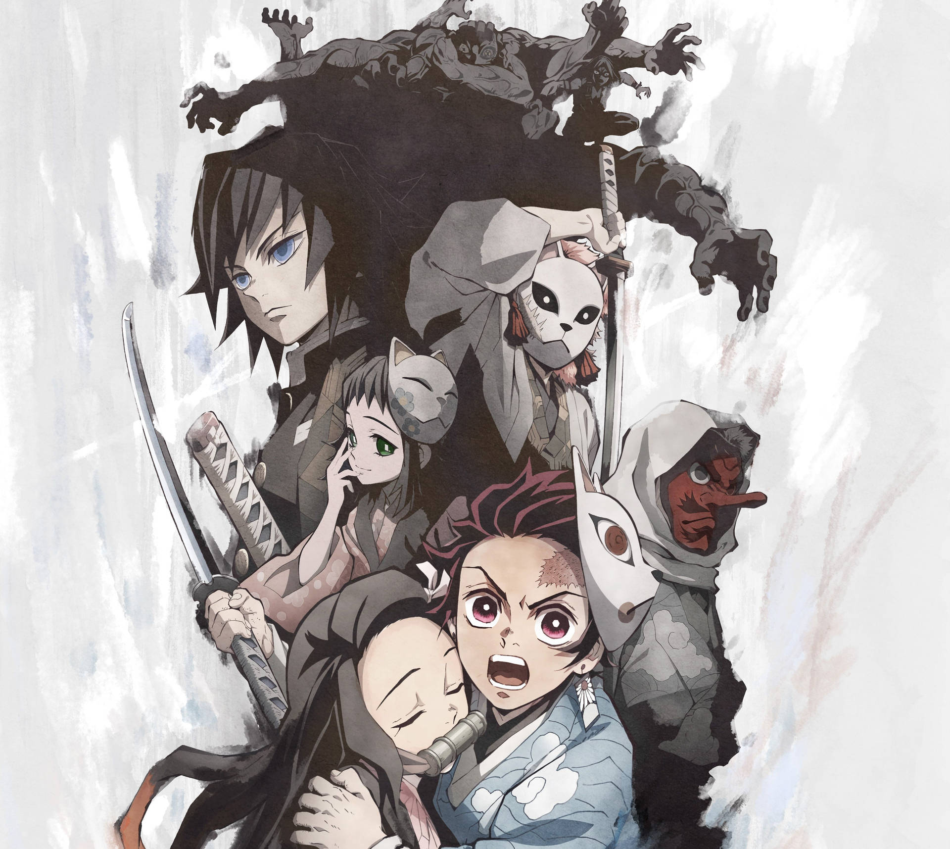 Demon Slayer -taustakuva Tanjirosta ja muista demonin kanssa, jolla on paljon käsiä.