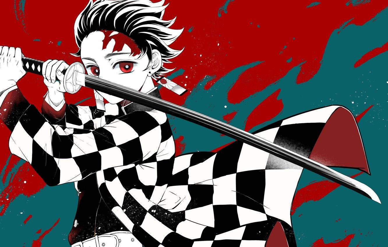 Demon Slayer -taustakuva Kamado Tanjirosta pitämässä pitkää mustaa miekkaa.