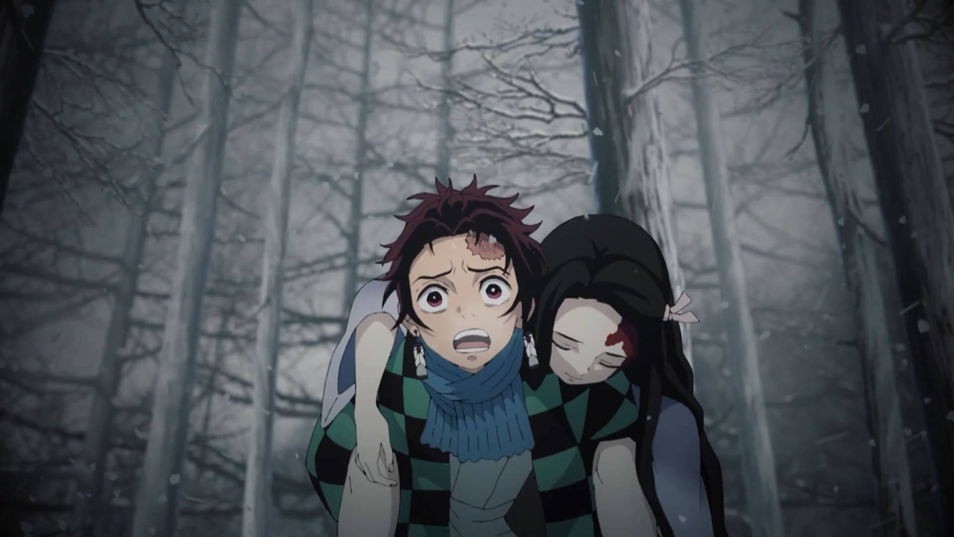 Demon Slayer -taustakuva Kamado Tanjirosta kantamassa haavoittunutta Nezukoa.