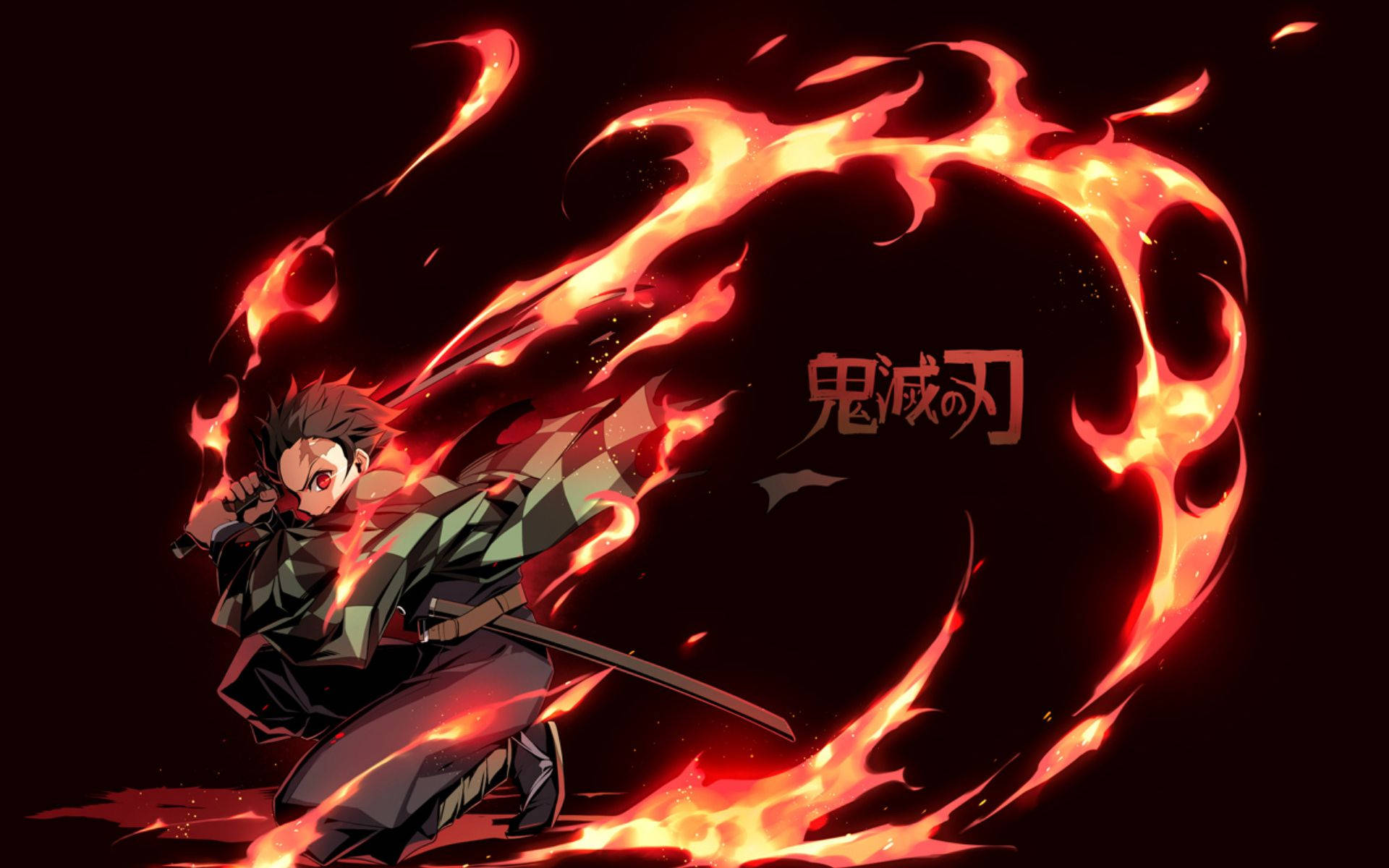 Demon Slayer -taustakuva Kamado Tanjirosta suorittamassa Hinokami Kagura -tekniikkaa.