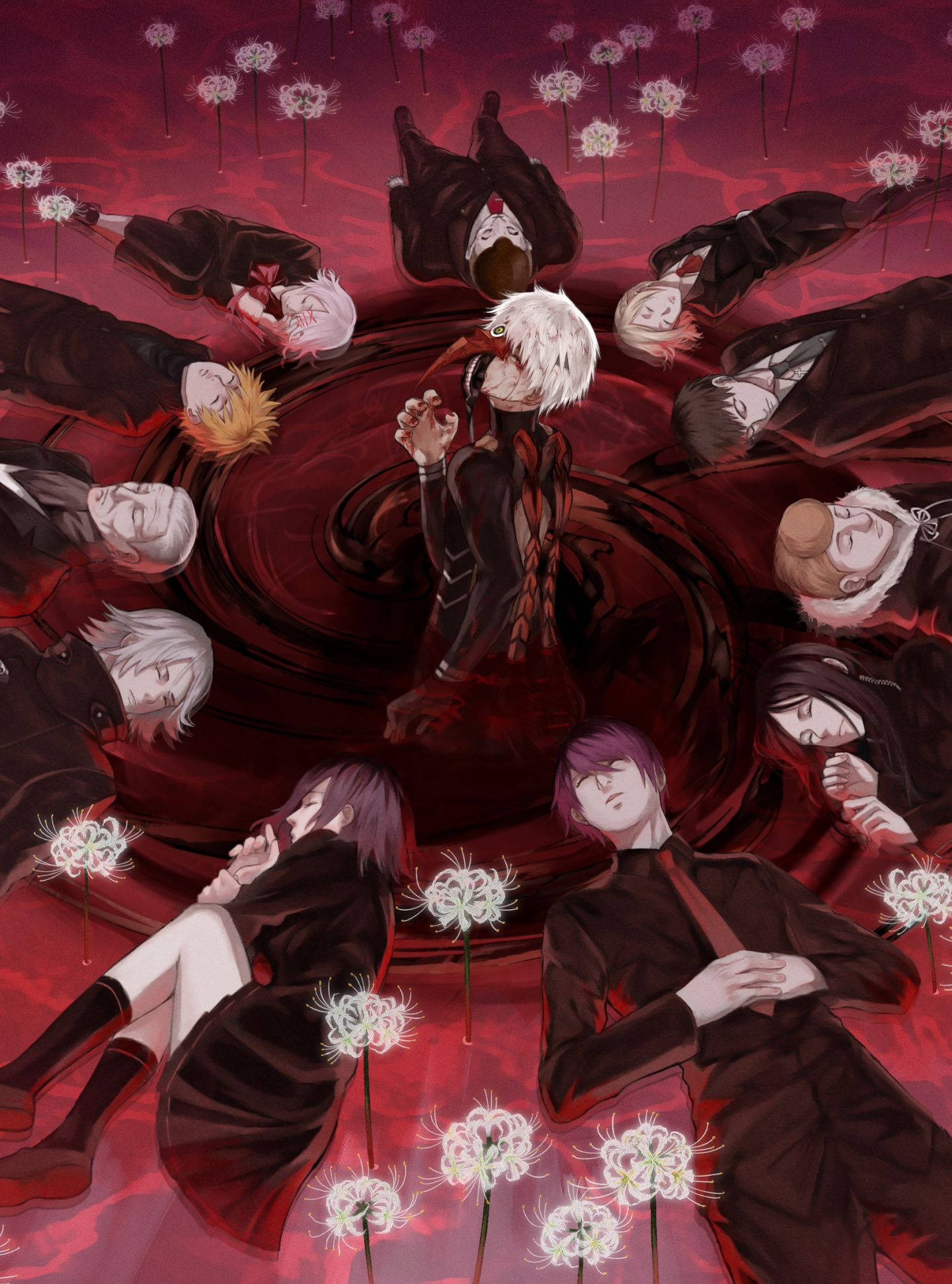 Tokyo Ghoul -hahmot punaisessa graafisessa taiteessa Taustakuvat