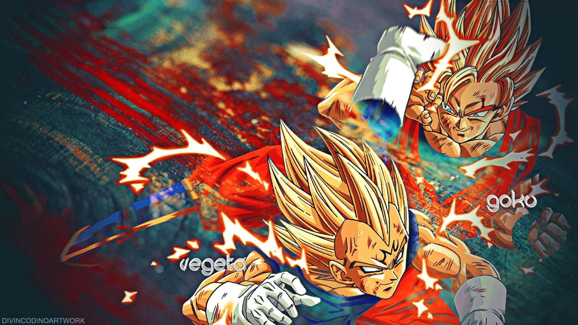 Dragon Ball Z San Goku ja Vegeta taistelemassa, super saiyan -animehahmot