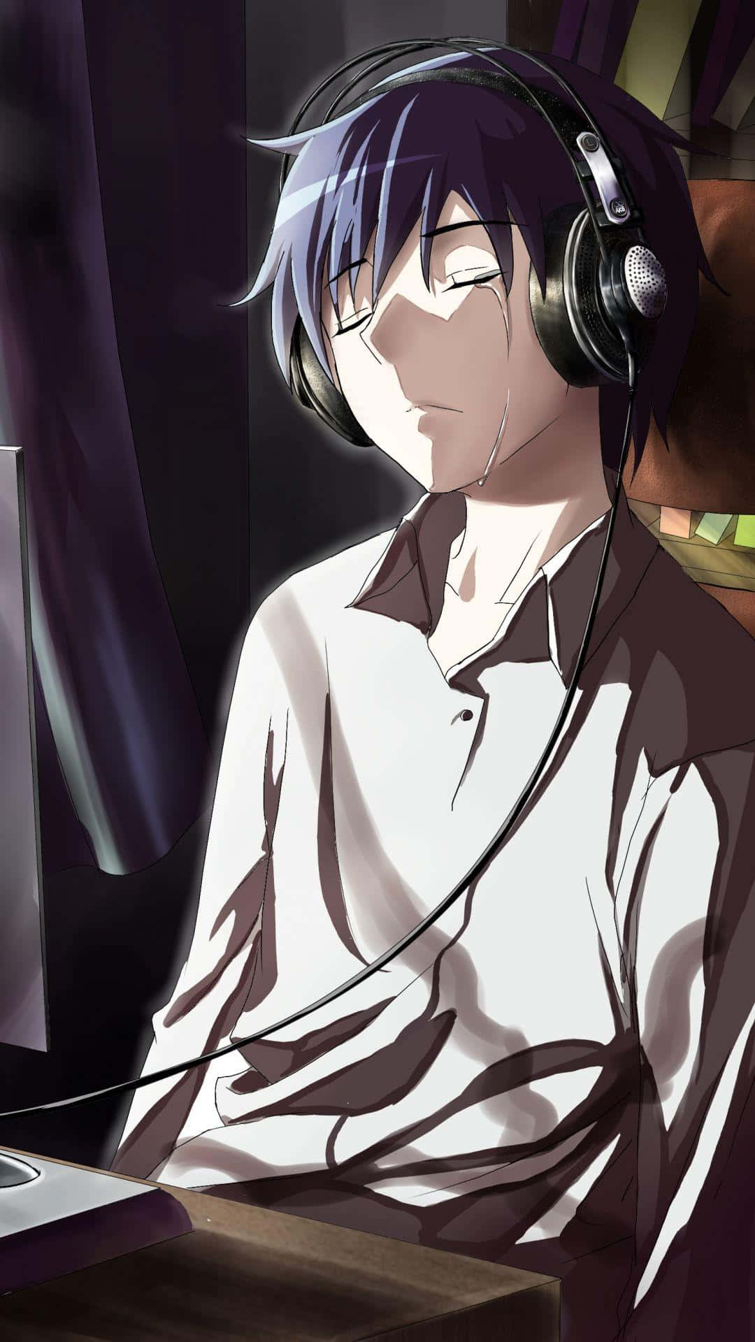 Tunteiden vallassa, tämä animehahmo ilmaisee surua. Taustakuvat