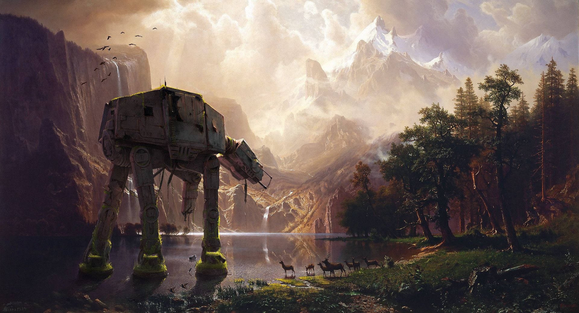 Star Wars -taustakuva dinosauruksen näköisestä robotista kävelemässä vuorella peurojen ja puiden kanssa.