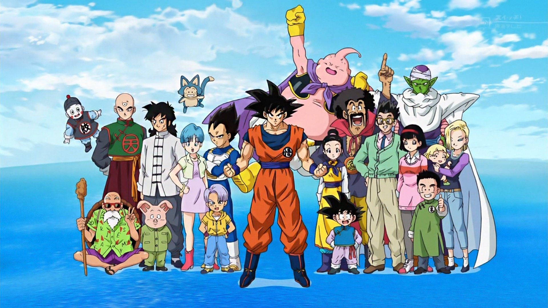 Dragon Ball -hahmot San Goku, Vegeta, Majinboo ja Picollo seisomassa vedellä.