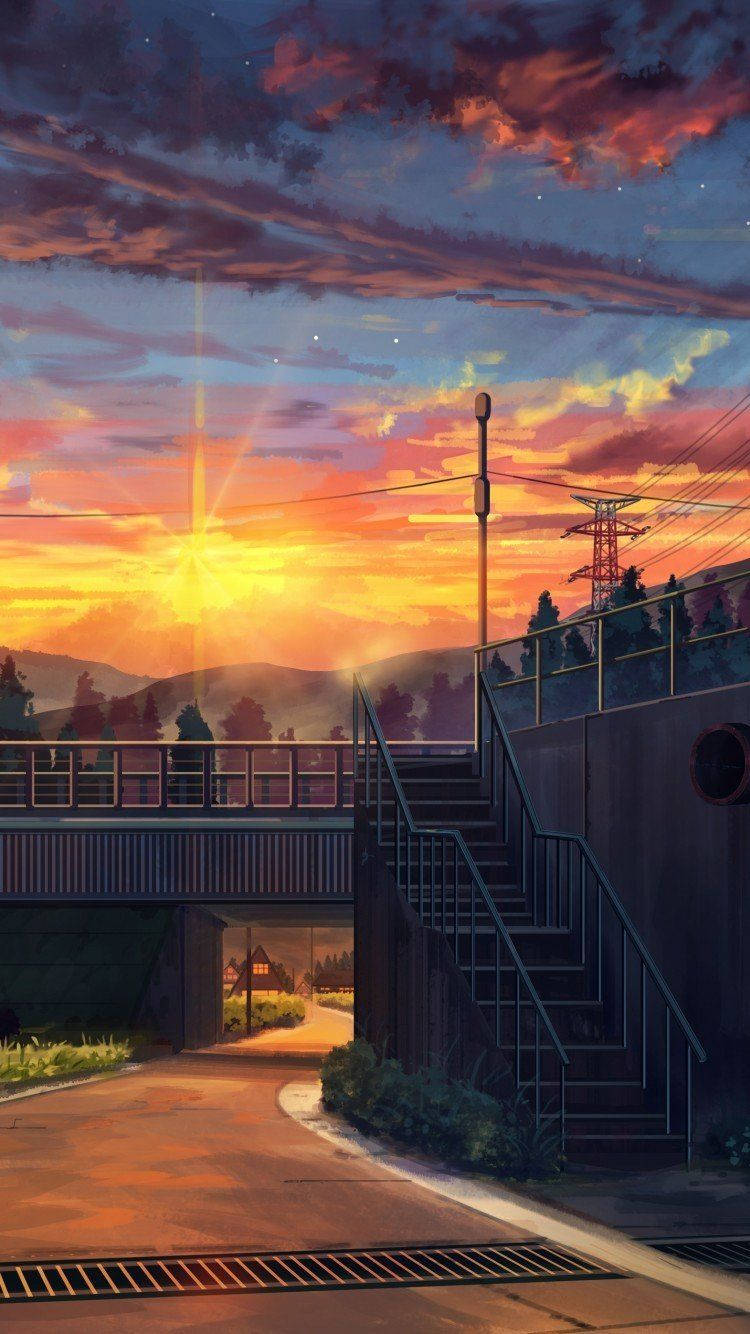 Tyhjä tie ja silta anime-estetiikka auringonlaskussa Taustakuvat
