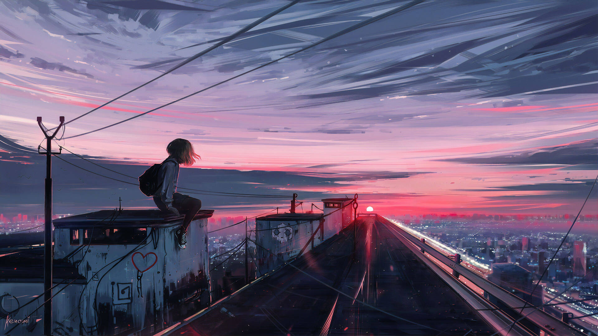 Tyttö katolla anime-estetiikka auringonlasku — Anime maisema GIF Taustakuvat