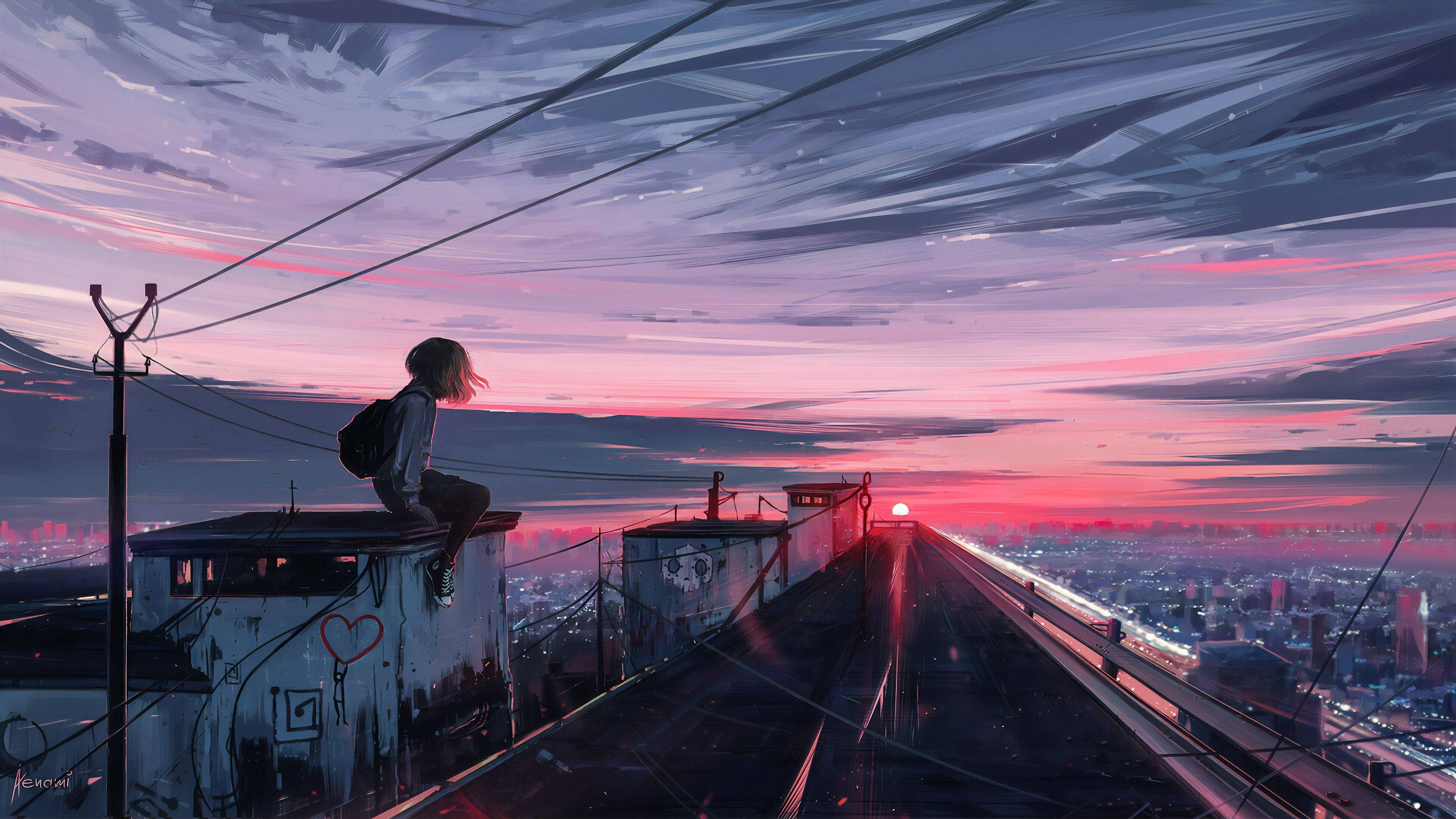 Tyttö katolla anime-estetiikka auringonlasku Taustakuvat
