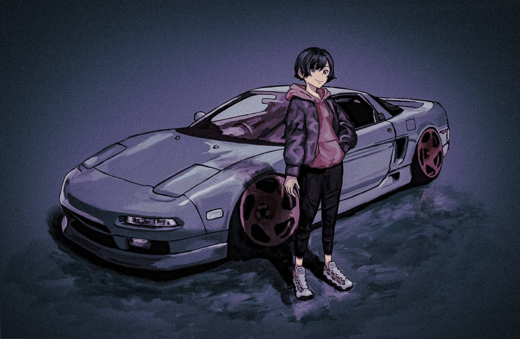 Tytyttö hupparissa auton vieressä anime Taustakuvat