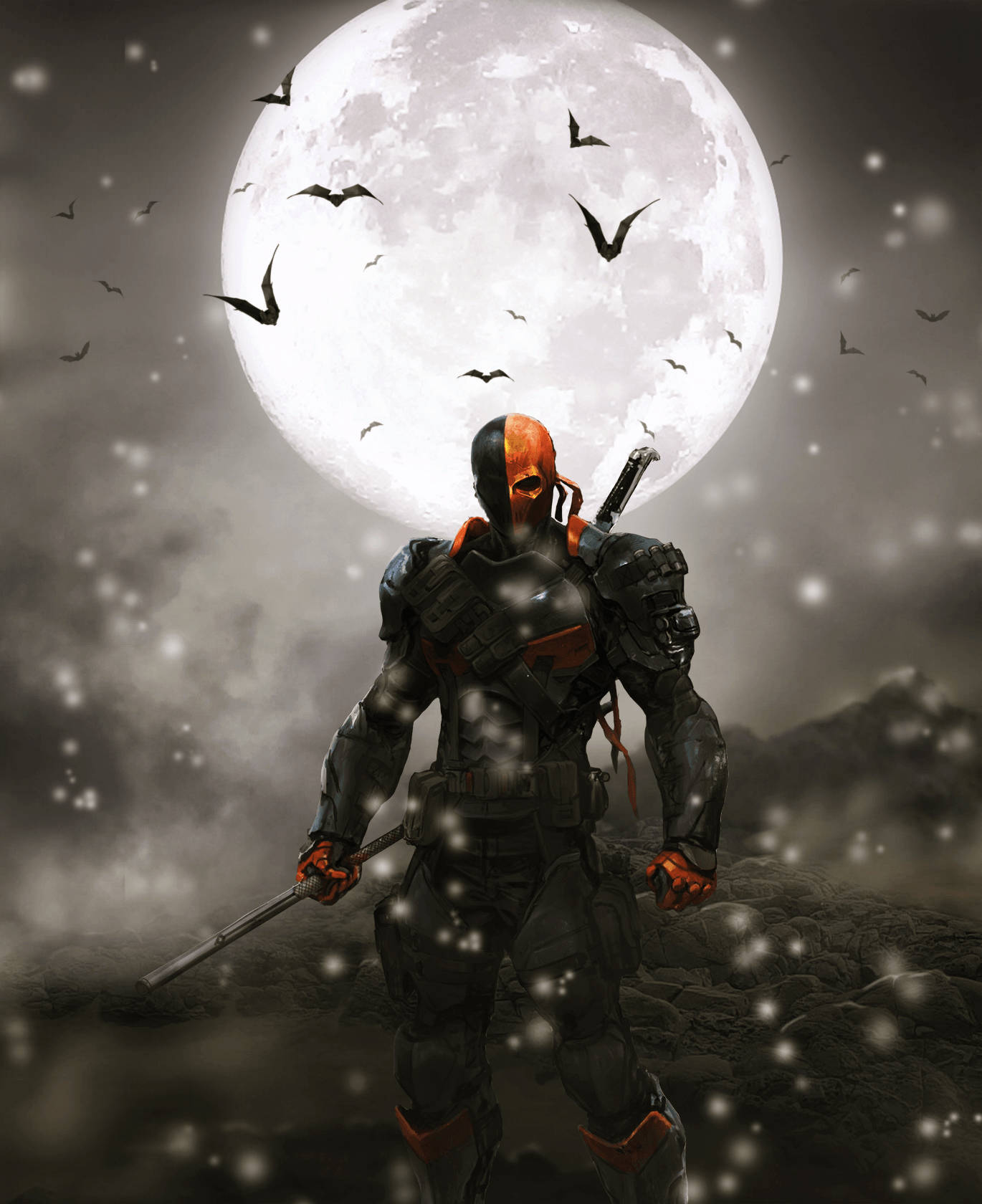 Uhkaava Deathstroke tähtää keskellä kosmista taistelukenttää. Taustakuvat