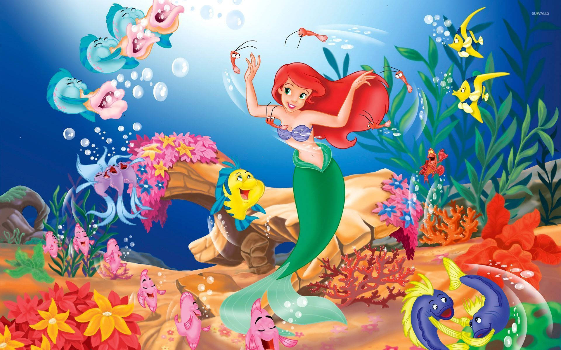 Pieni merenneito Ariel ja vedenalaiset ystävät eloisa taustakuva.