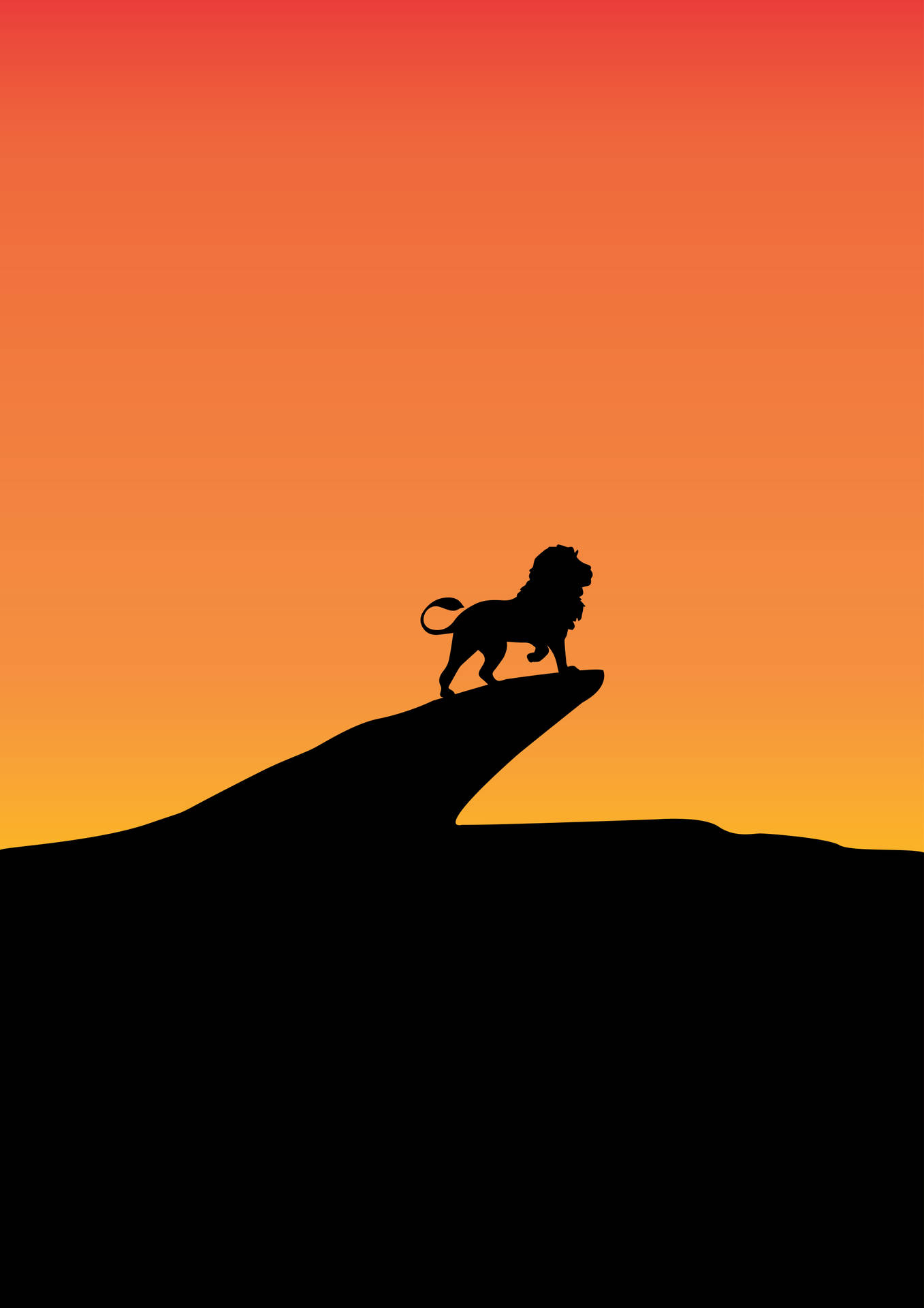 Leijona kivisellä kallionkielekkeellä siluettina kelta-oranssia auringonlaskun taustaa vasten. Digitaalinen taide.