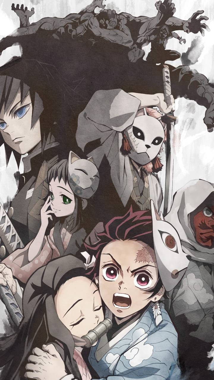 Demon Slayer -taustakuva Urokodakin oppilaista, Giyusta ja demoneista.