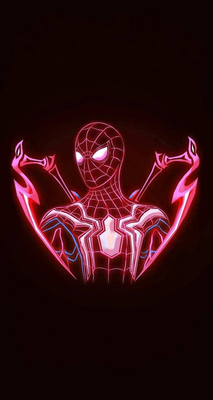 Spiderman vaaleanpunaiset ja punaiset neonvalot hehkuvat tummalla mustalla taustalla.