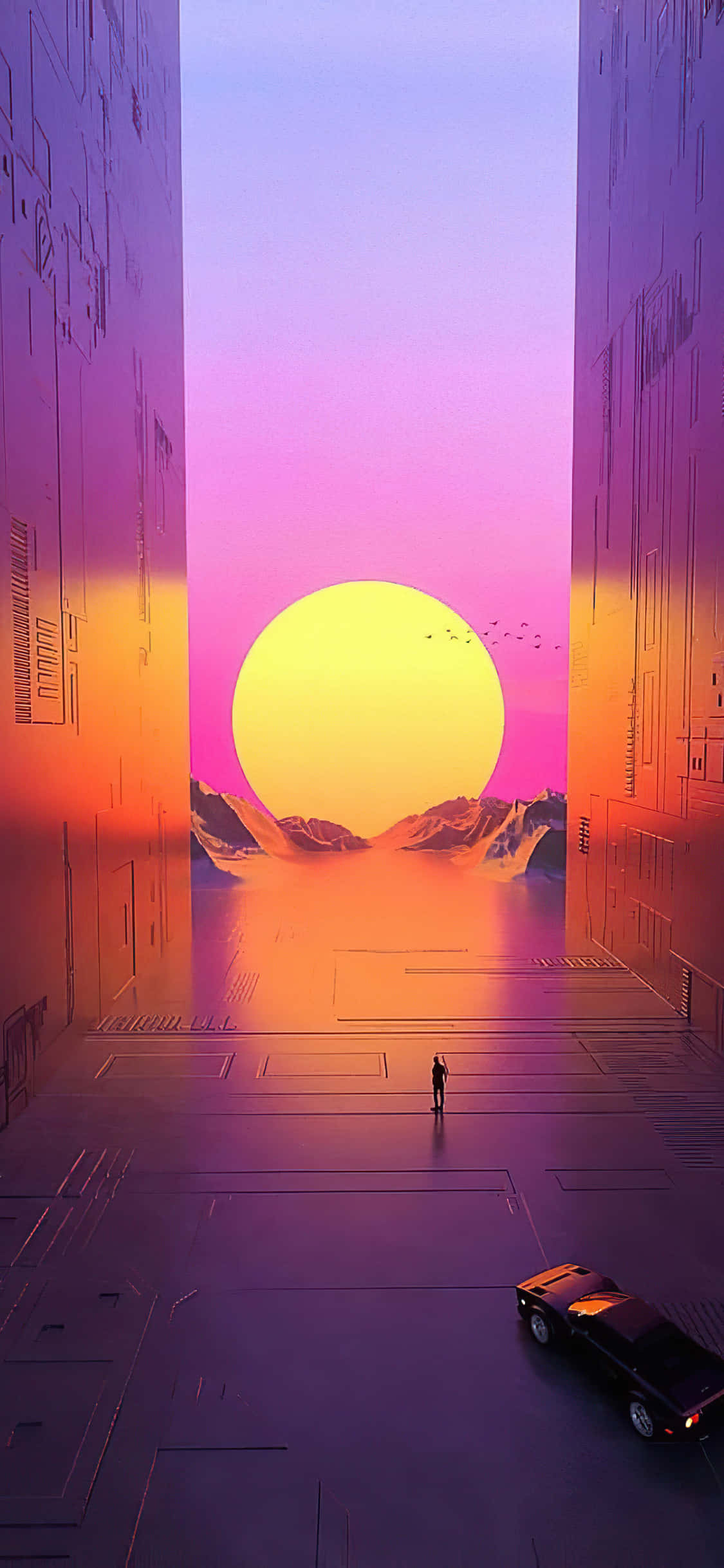 Vaaleanpunainen futuristinen auringonlasku Vaporwave-digitaalitaideteostausta Taustakuvat