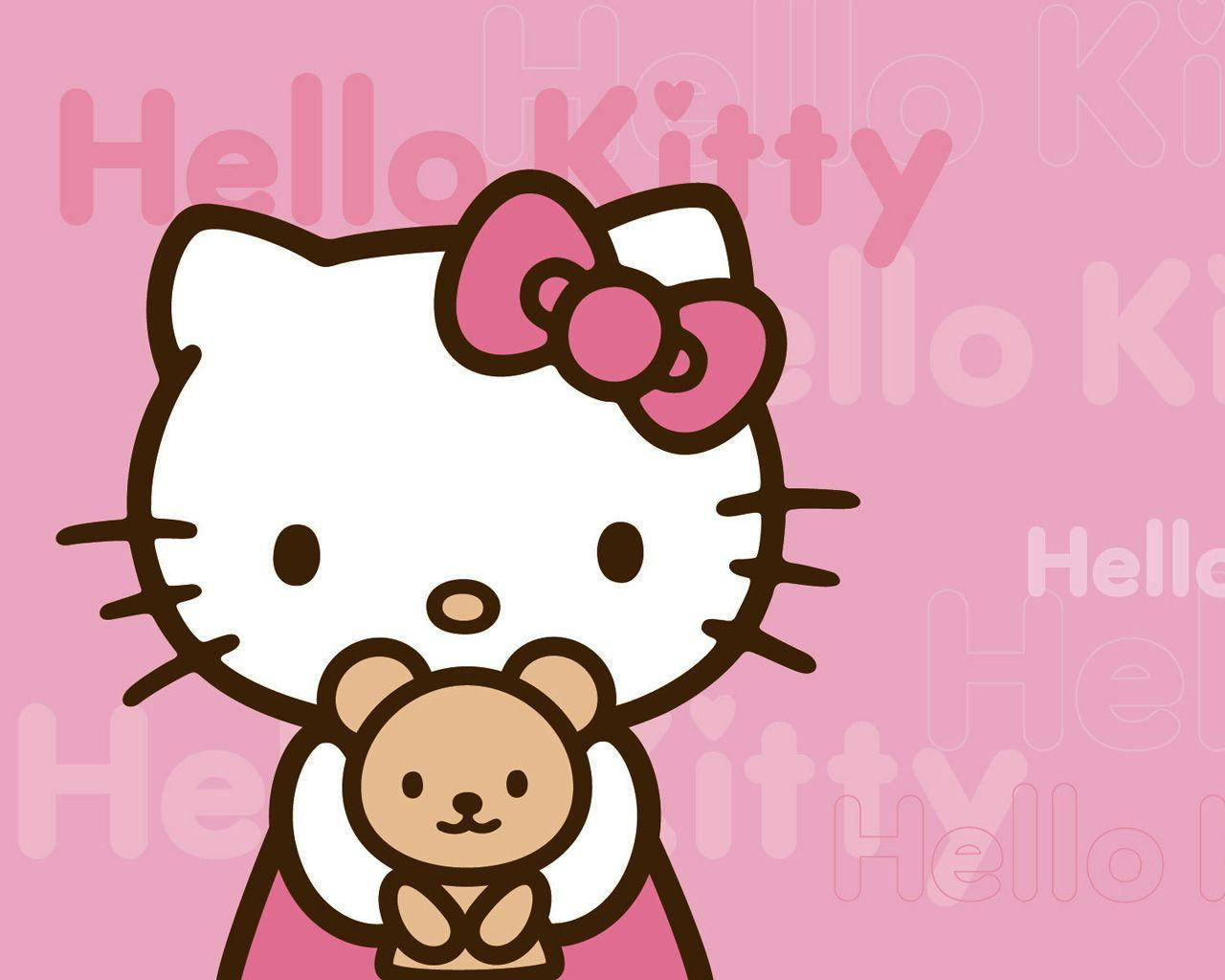 Vaaleanpunainen Hello Kitty nallekarhun kanssa Taustakuvat